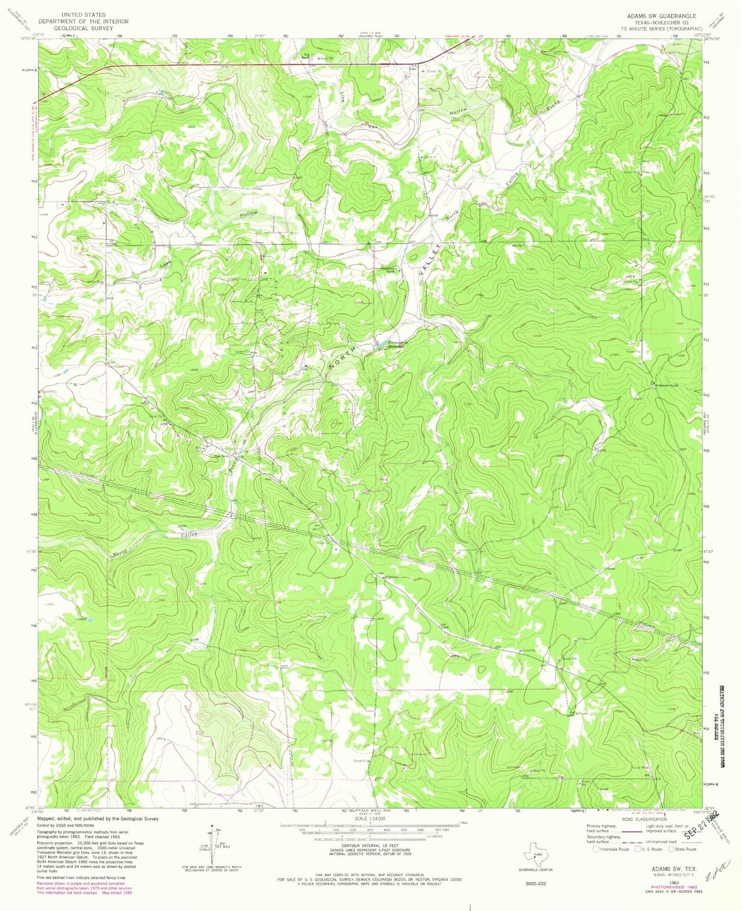 Classic USGS Adams SW Texas 7.5'x7.5' Topo Map Image