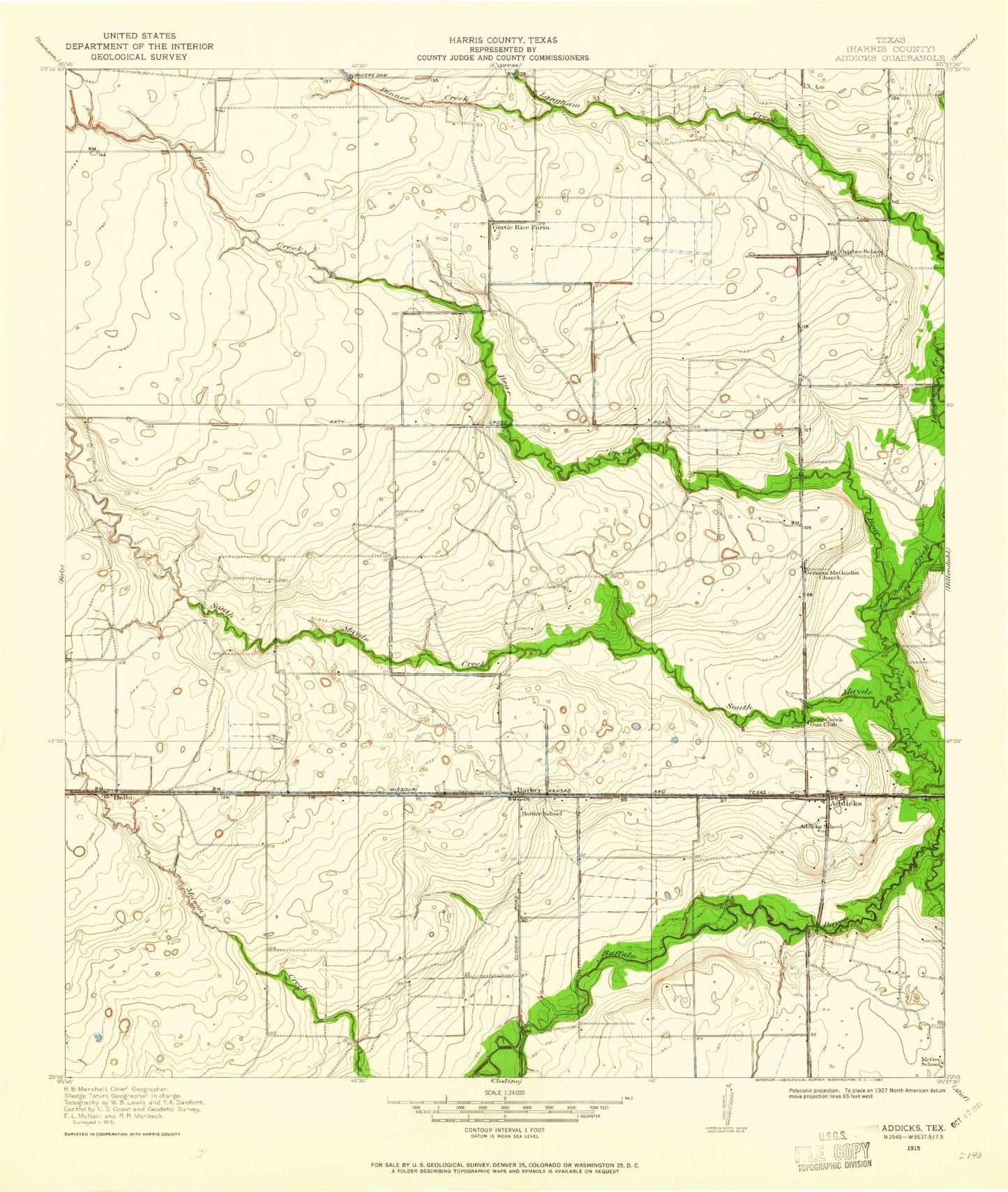 Classic USGS Addicks Texas 7.5'x7.5' Topo Map Image
