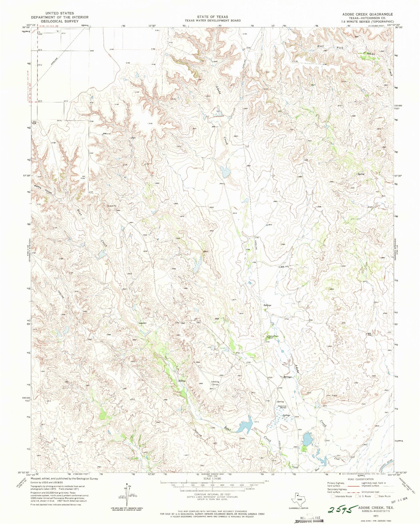 Classic USGS Adobe Creek Texas 7.5'x7.5' Topo Map Image