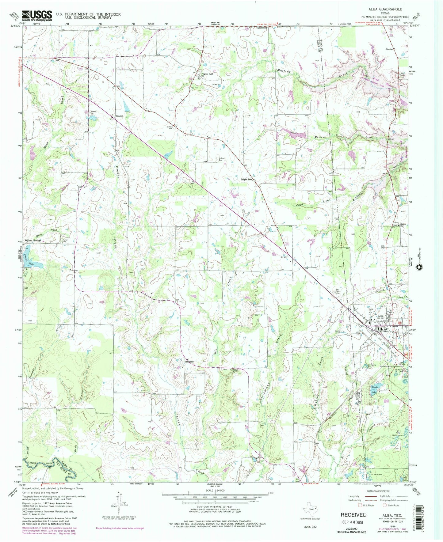 Classic USGS Alba Texas 7.5'x7.5' Topo Map Image