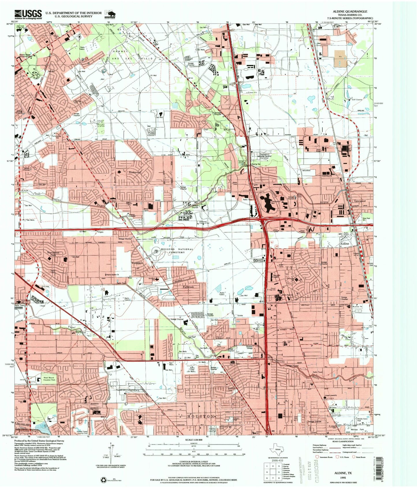 Classic USGS Aldine Texas 7.5'x7.5' Topo Map Image