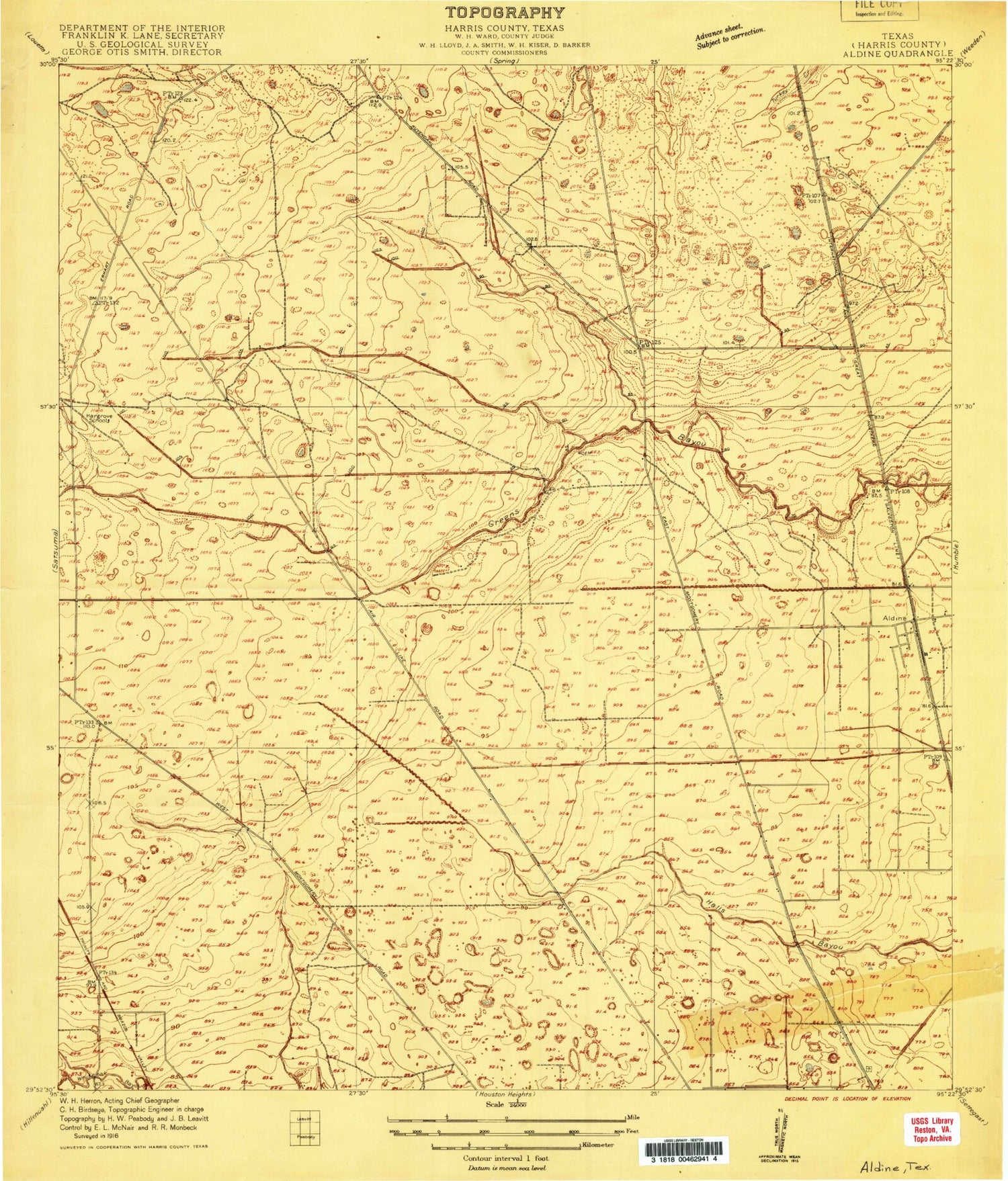 Classic USGS Aldine Texas 7.5'x7.5' Topo Map Image