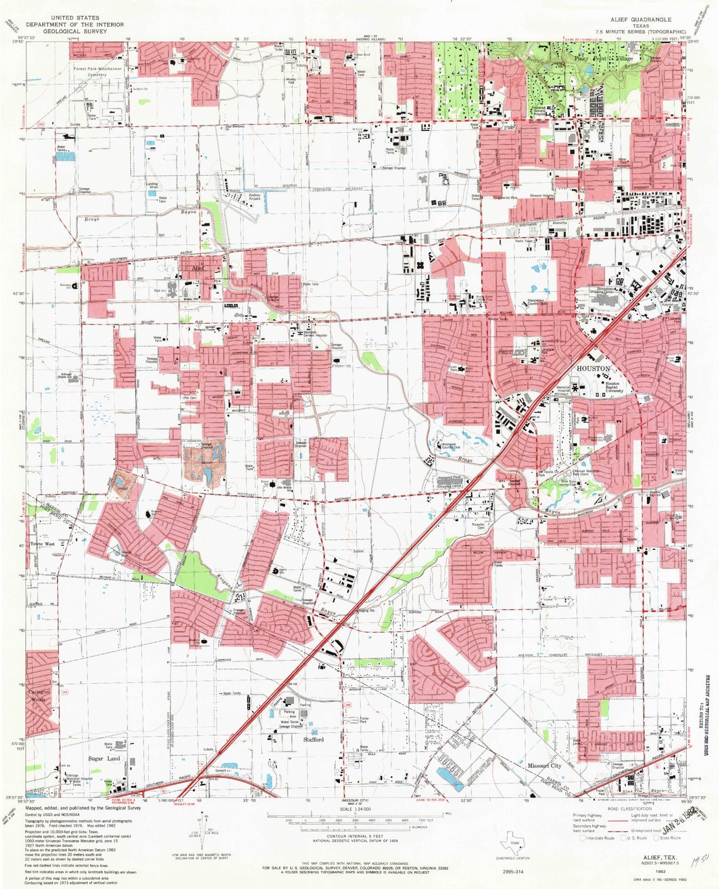 Classic USGS Alief Texas 7.5'x7.5' Topo Map Image