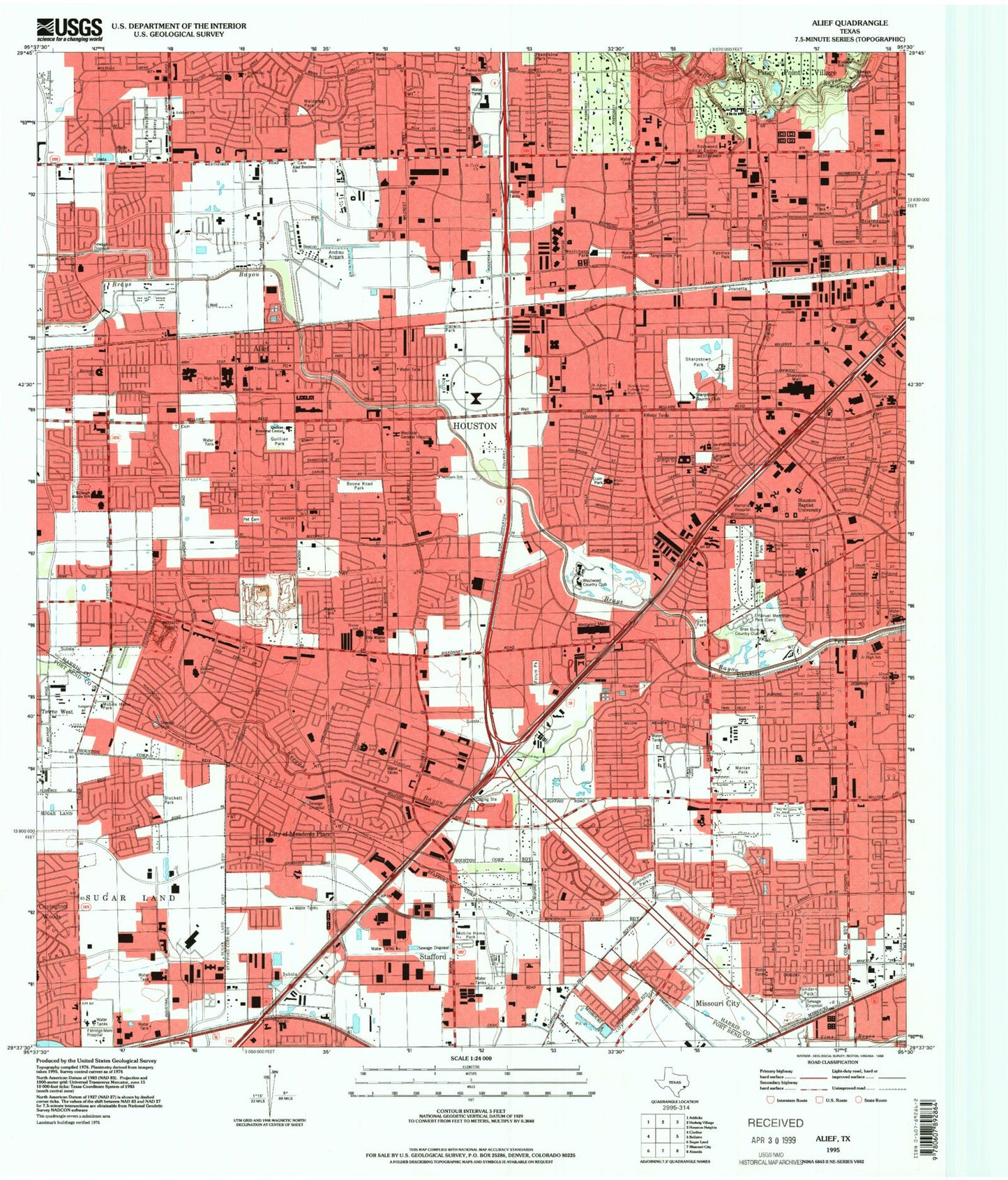 Classic USGS Alief Texas 7.5'x7.5' Topo Map Image