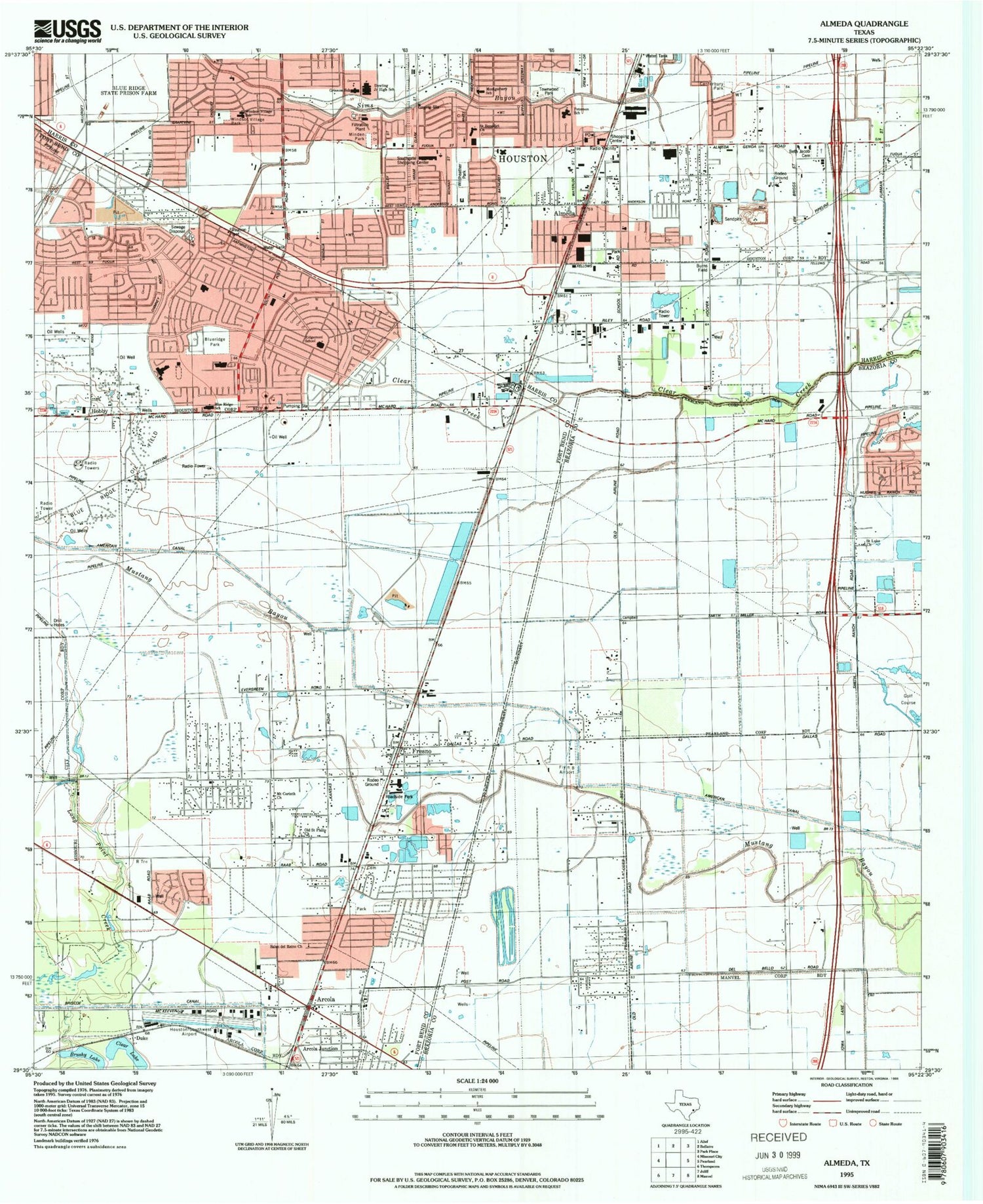 Classic USGS Almeda Texas 7.5'x7.5' Topo Map Image