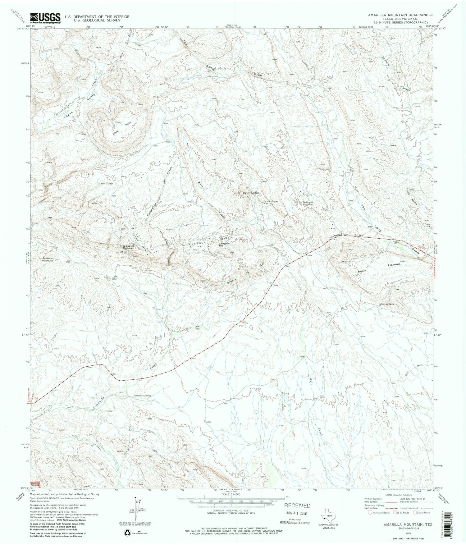 Classic USGS Amarilla Mountain Texas 7.5'x7.5' Topo Map Image