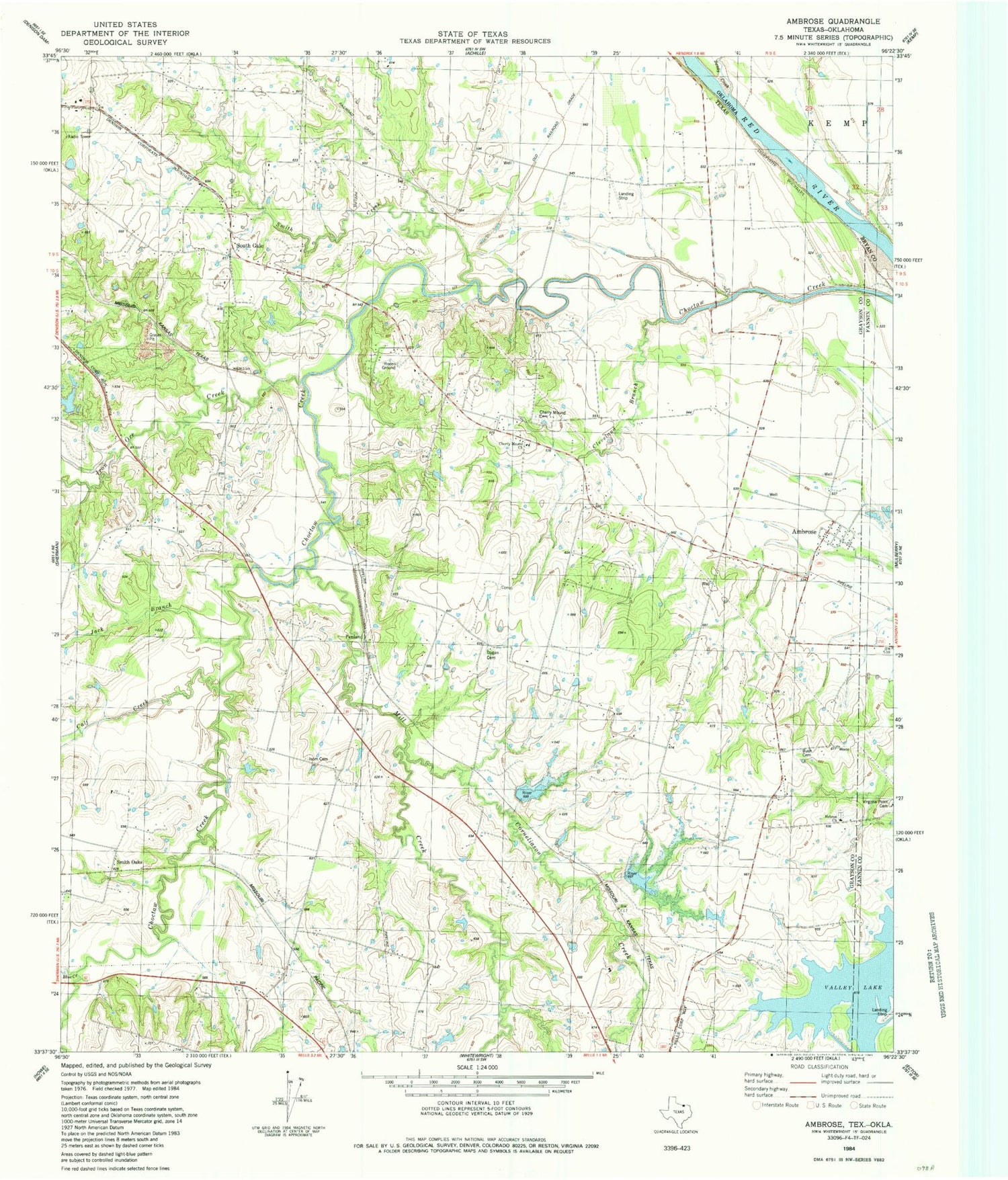 Classic USGS Ambrose Texas 7.5'x7.5' Topo Map Image