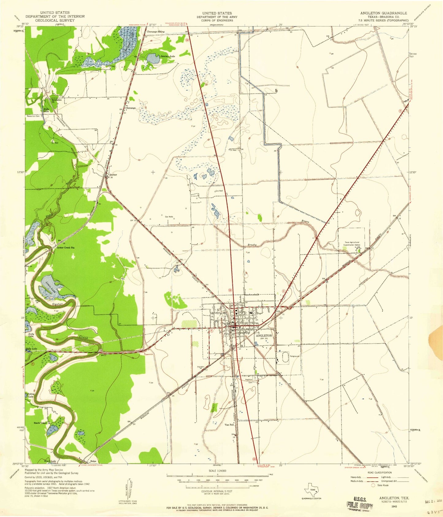 Classic USGS Angleton Texas 7.5'x7.5' Topo Map Image