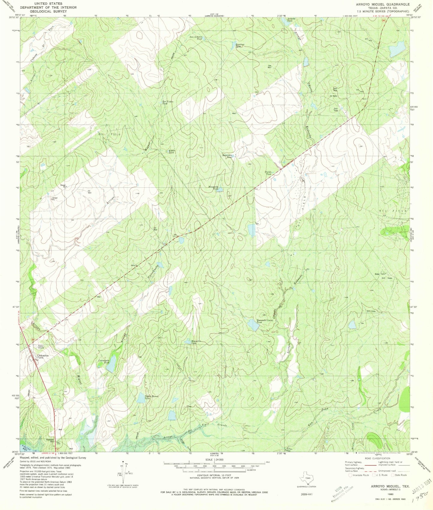 Classic USGS Arroyo Miguel Texas 7.5'x7.5' Topo Map Image