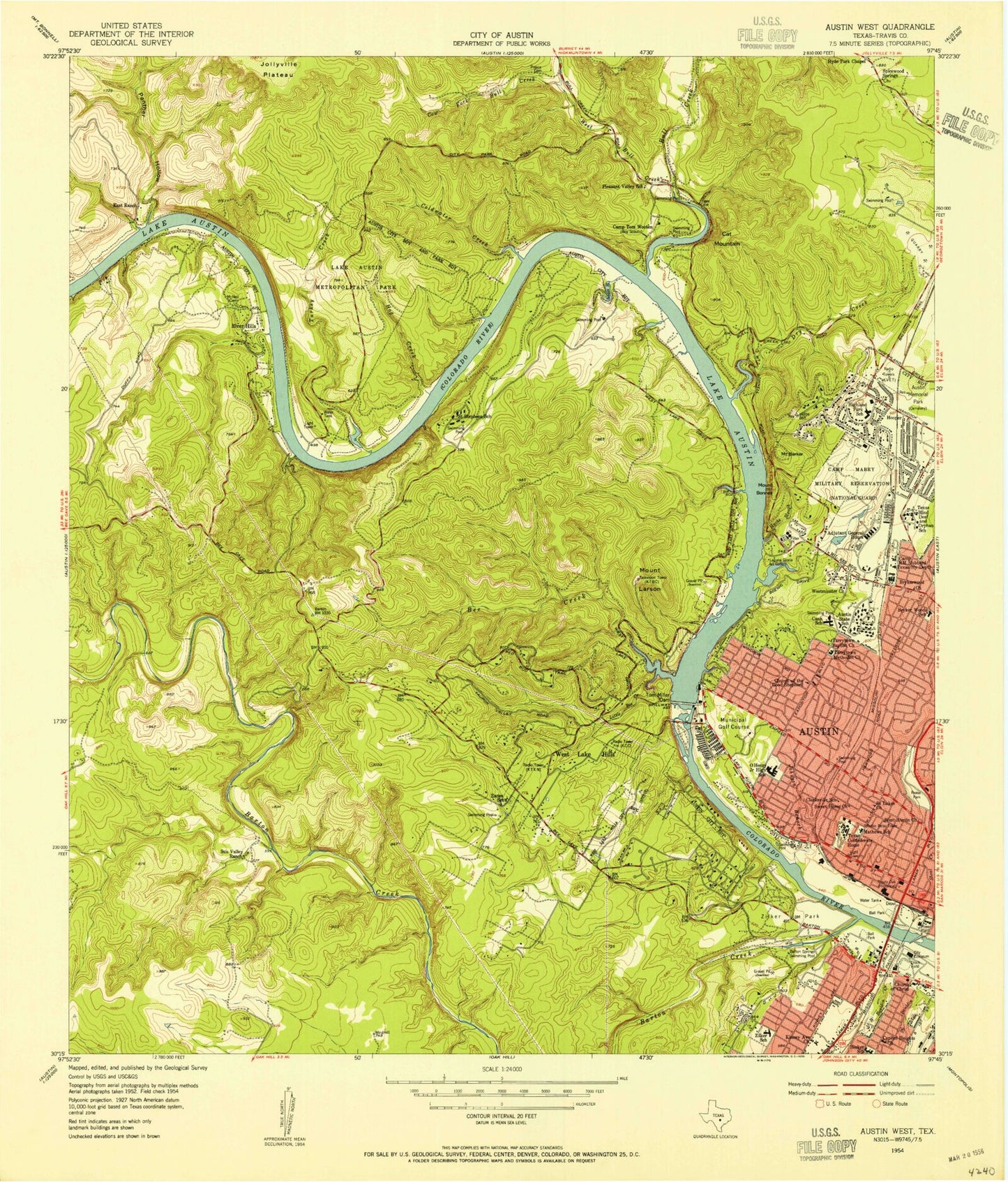 Classic USGS Austin West Texas 7.5'x7.5' Topo Map Image