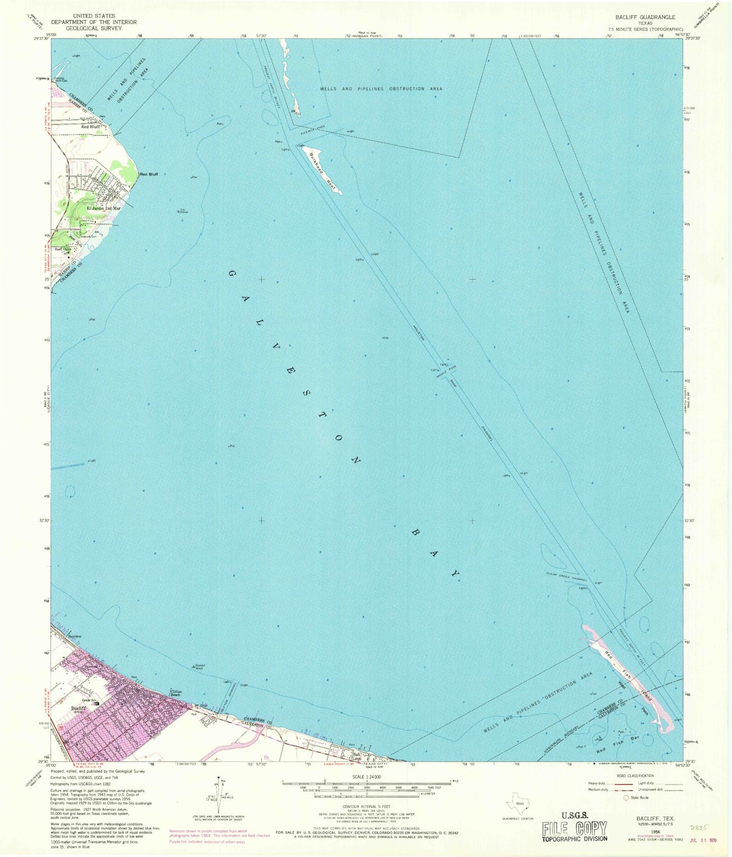 Classic USGS Bacliff Texas 7.5'x7.5' Topo Map Image