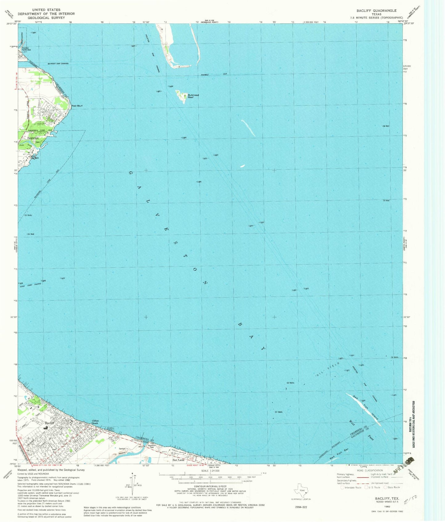 Classic USGS Bacliff Texas 7.5'x7.5' Topo Map Image