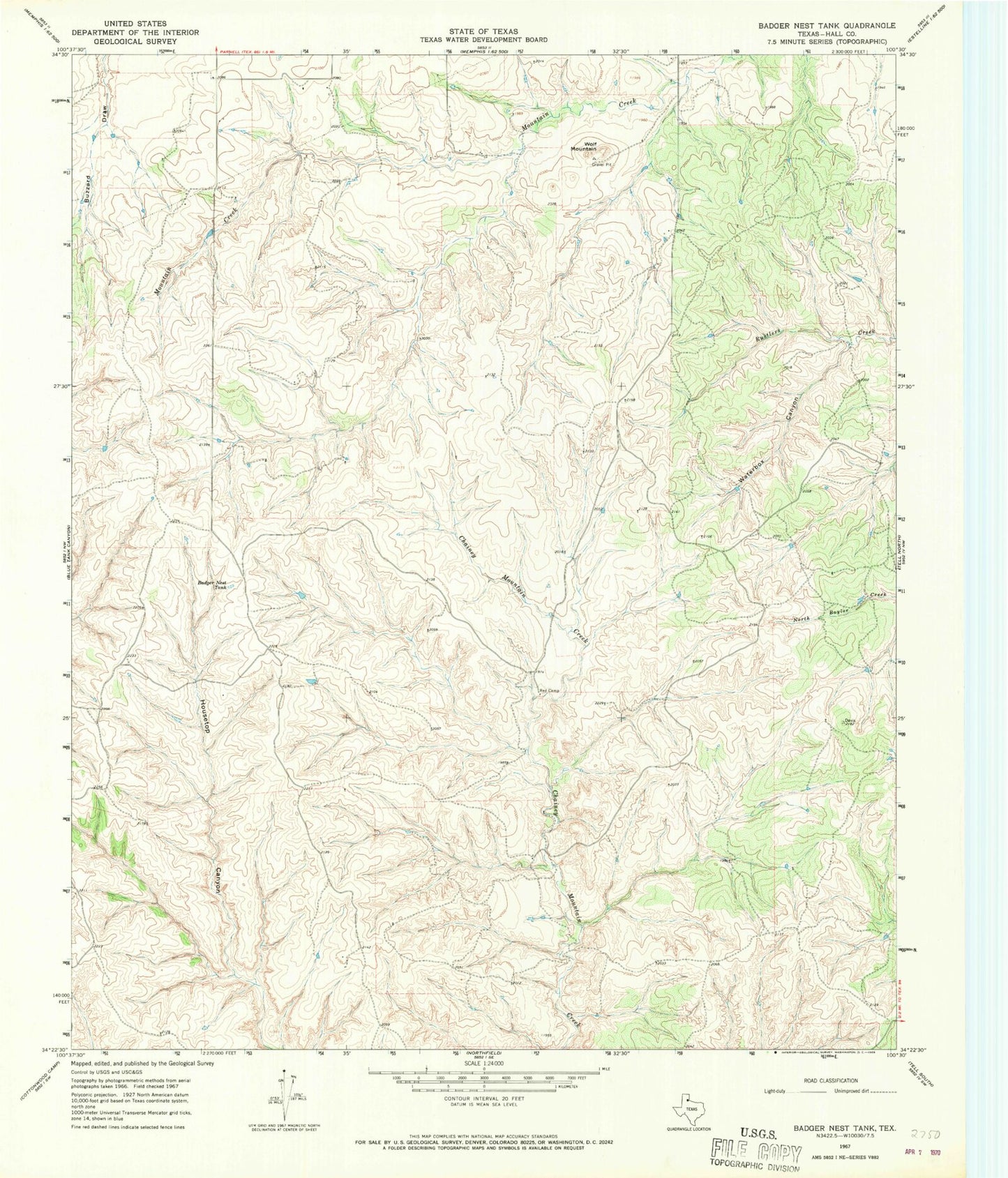 Classic USGS Badger Nest Tank Texas 7.5'x7.5' Topo Map Image