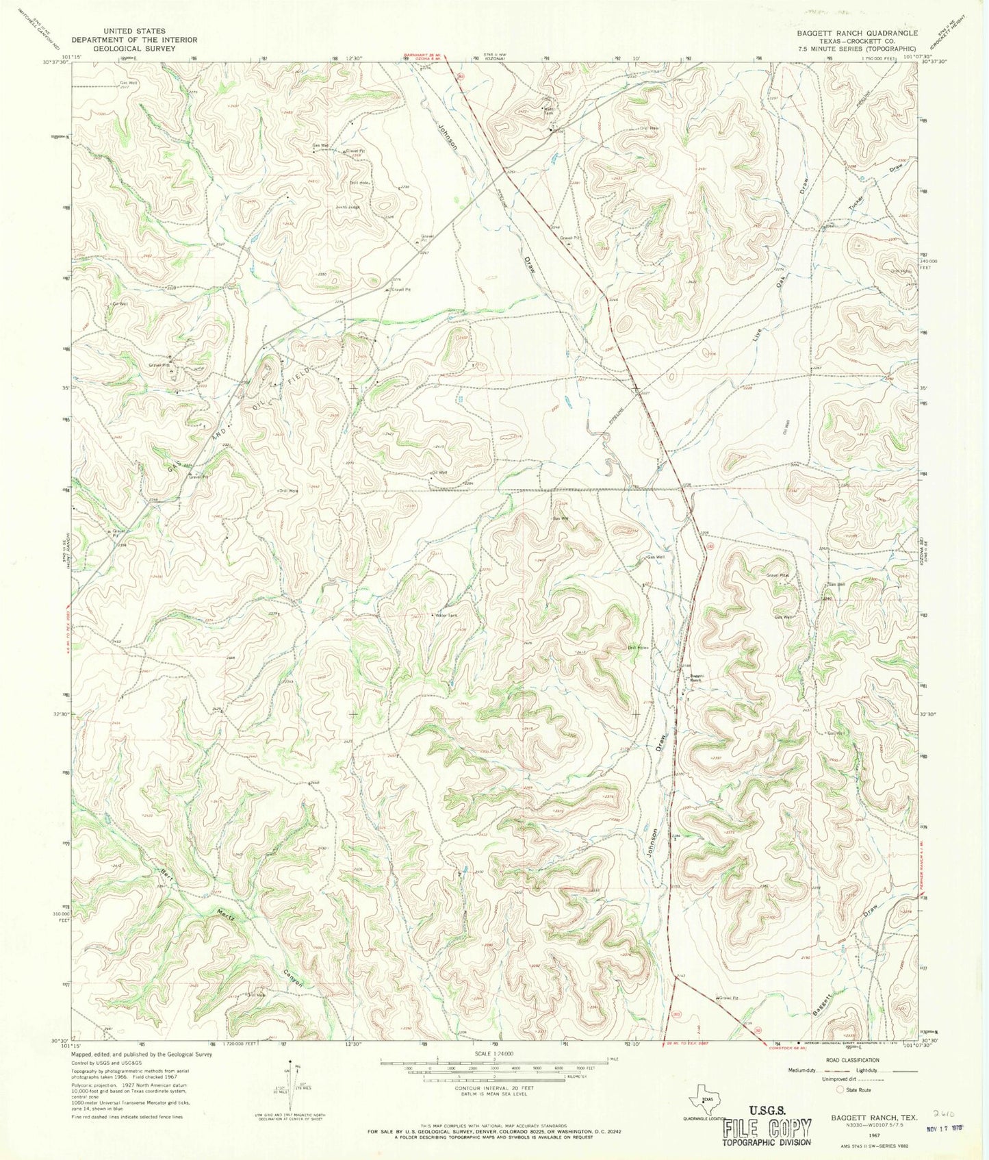 Classic USGS Baggett Ranch Texas 7.5'x7.5' Topo Map Image