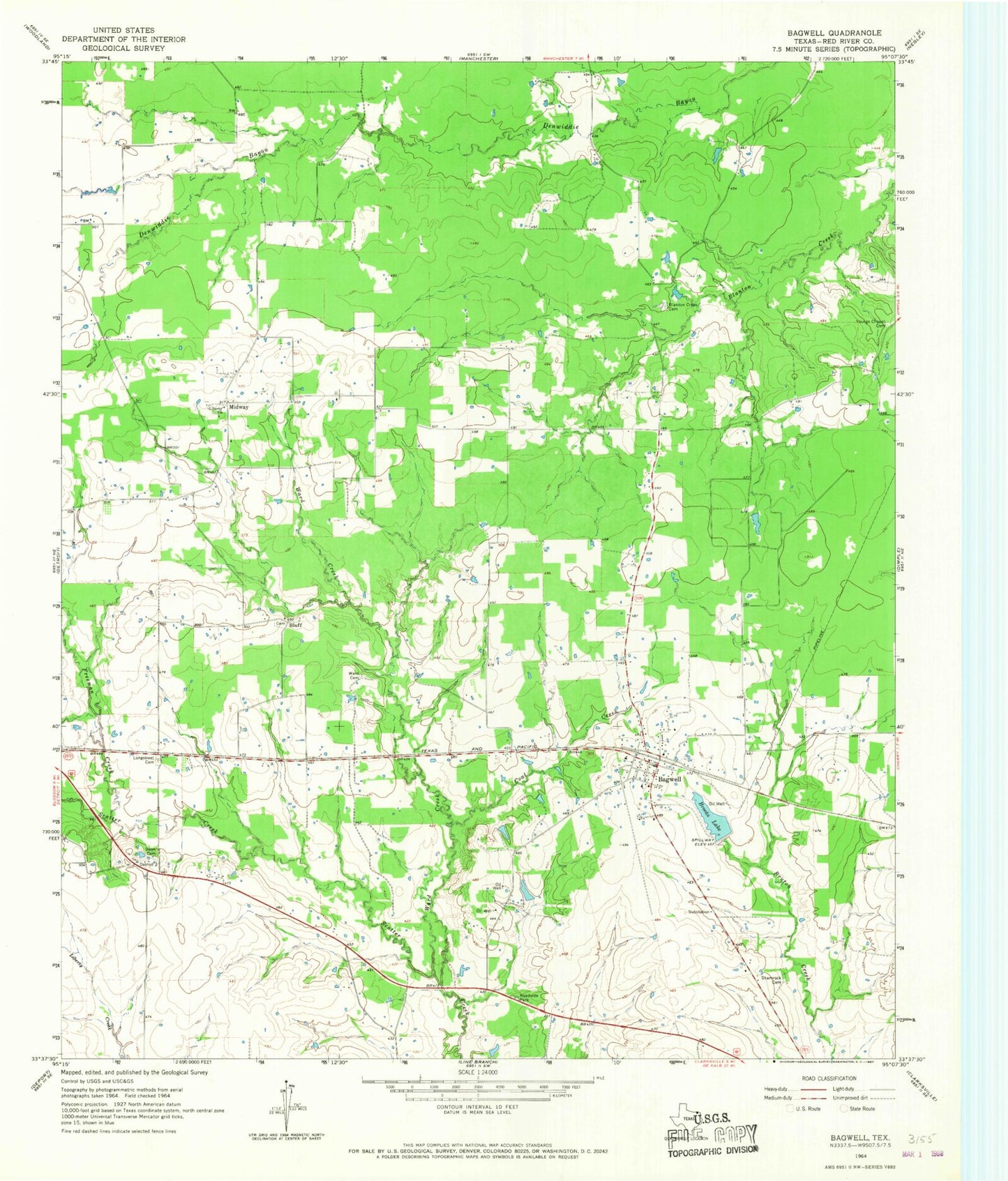 Classic USGS Bagwell Texas 7.5'x7.5' Topo Map Image