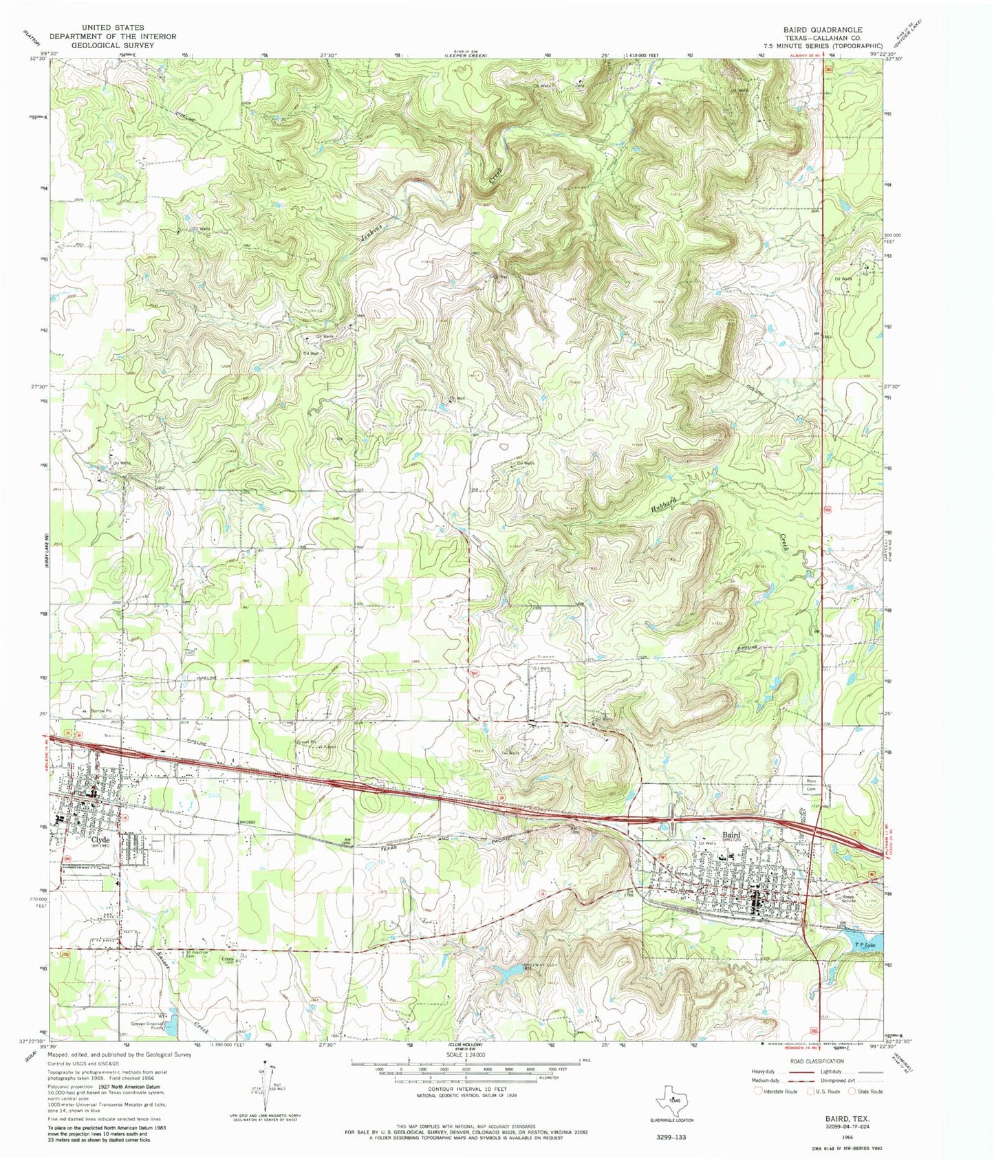 Classic USGS Baird Texas 7.5'x7.5' Topo Map Image