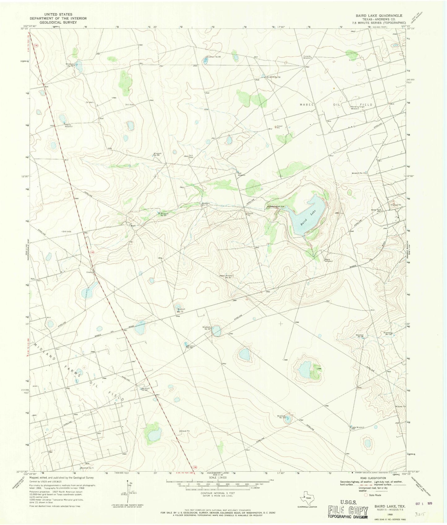 Classic USGS Baird Lake Texas 7.5'x7.5' Topo Map Image