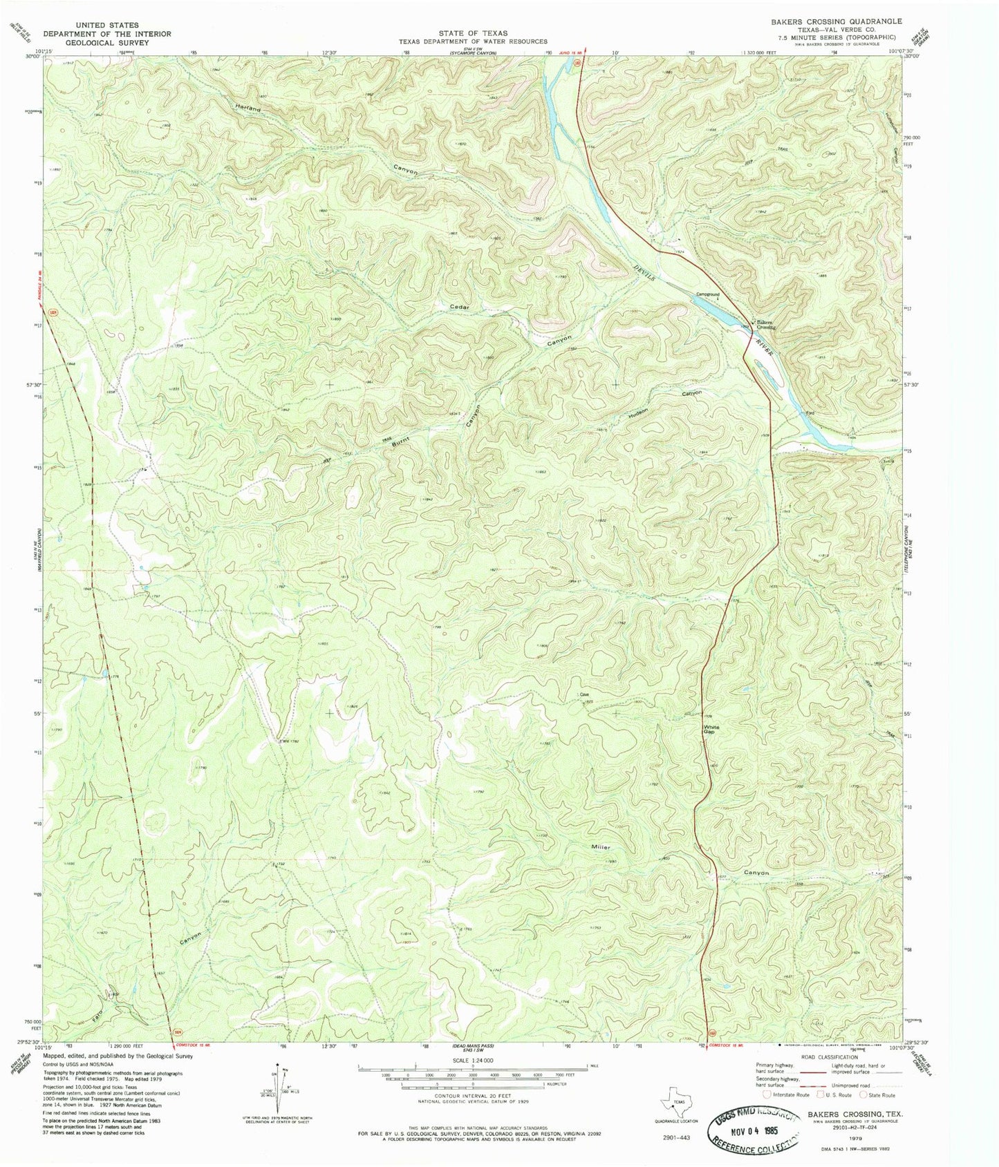 Classic USGS Bakers Crossing Texas 7.5'x7.5' Topo Map Image