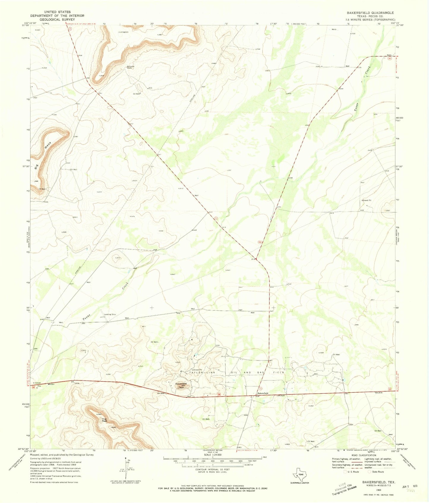 Classic USGS Bakersfield Texas 7.5'x7.5' Topo Map Image
