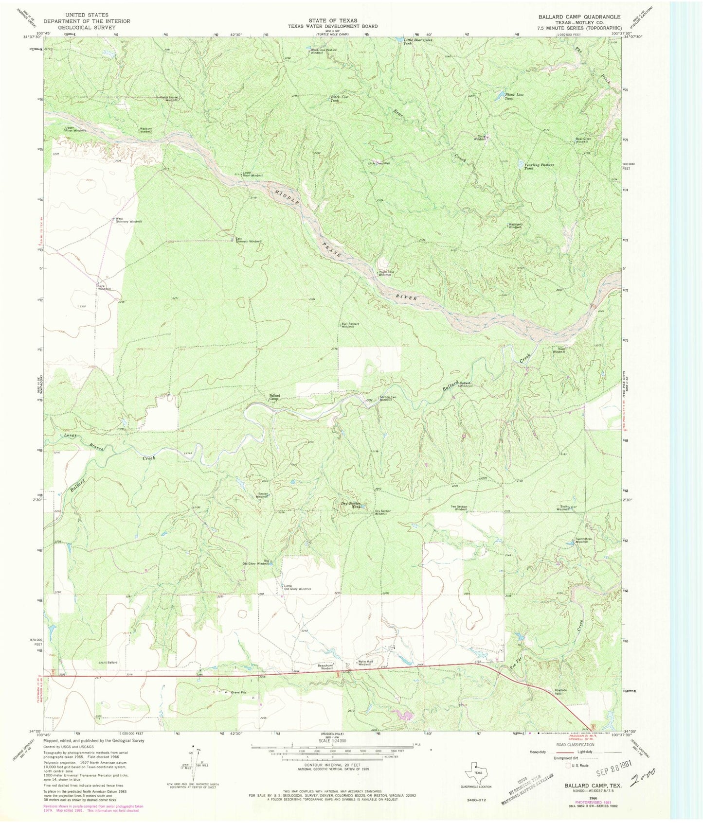 Classic USGS Ballard Camp Texas 7.5'x7.5' Topo Map Image