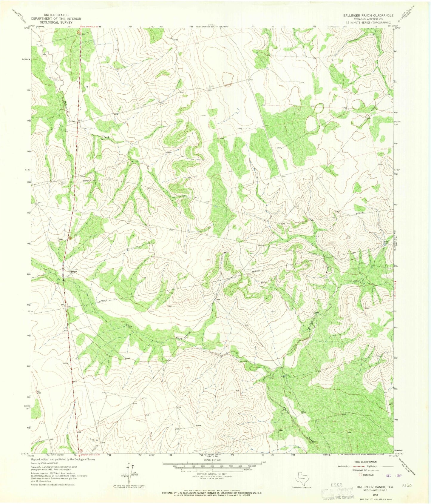 Classic USGS Ballinger Ranch Texas 7.5'x7.5' Topo Map Image