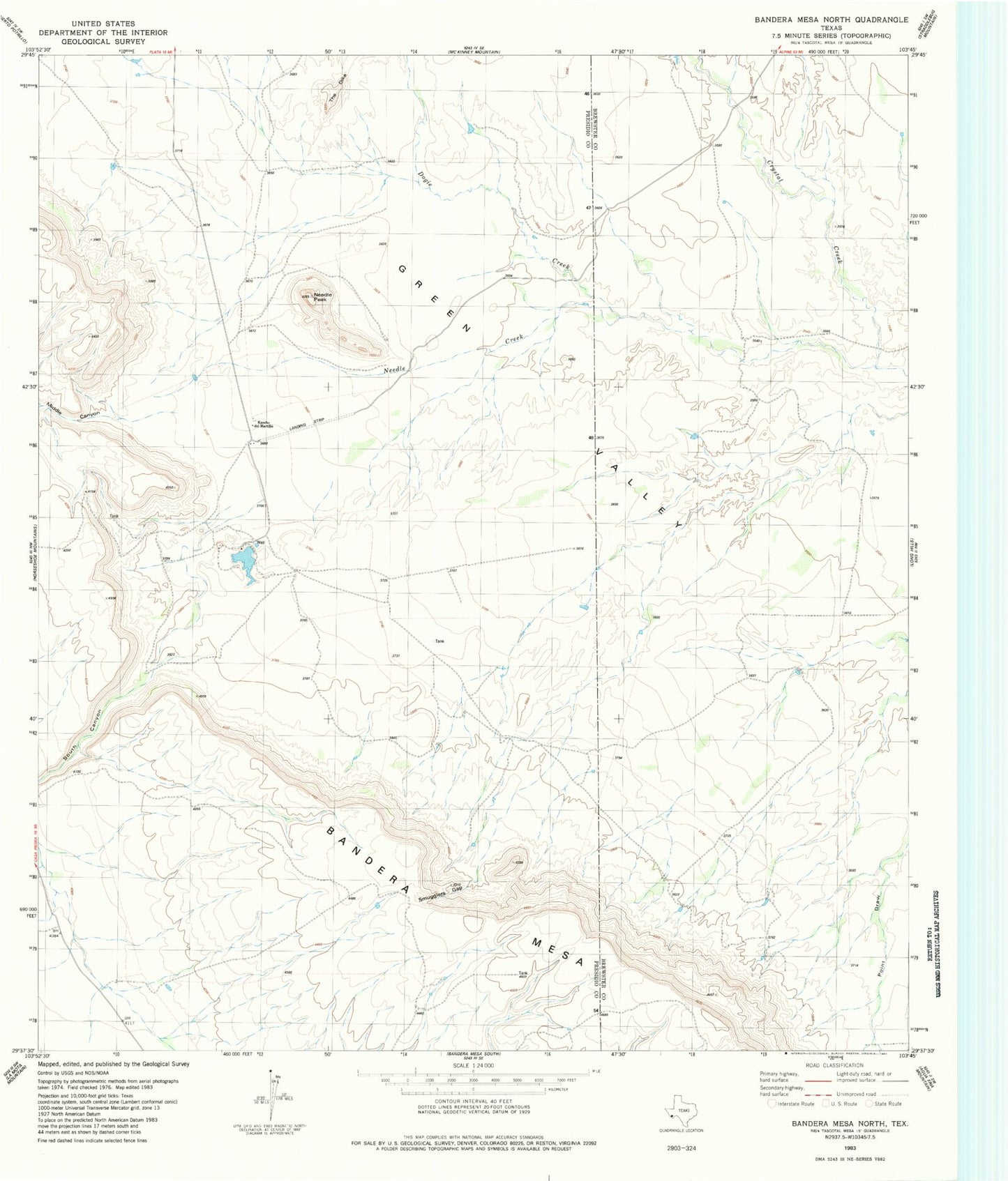 Classic USGS Bandera Mesa North Texas 7.5'x7.5' Topo Map Image