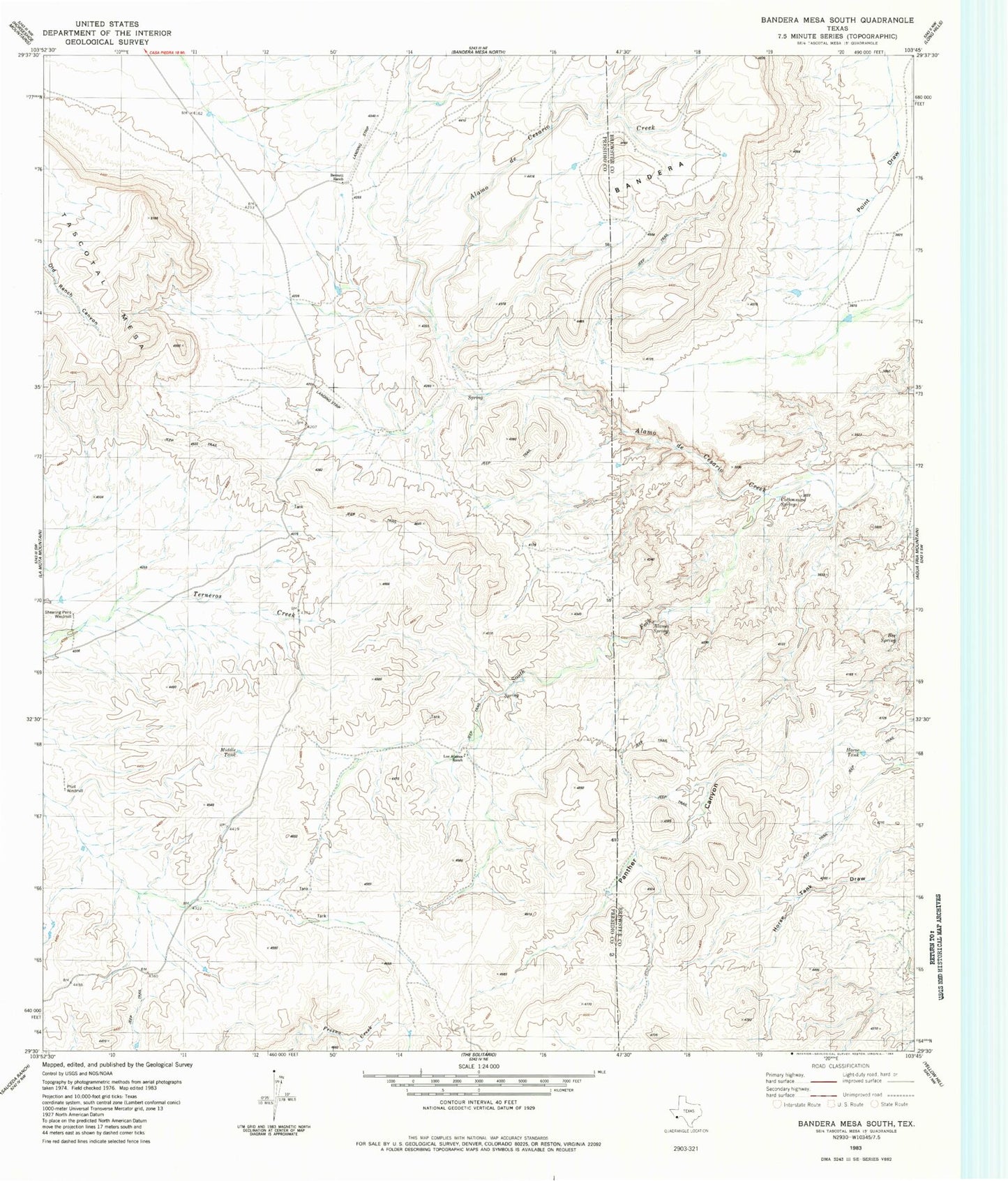 Classic USGS Bandera Mesa South Texas 7.5'x7.5' Topo Map Image