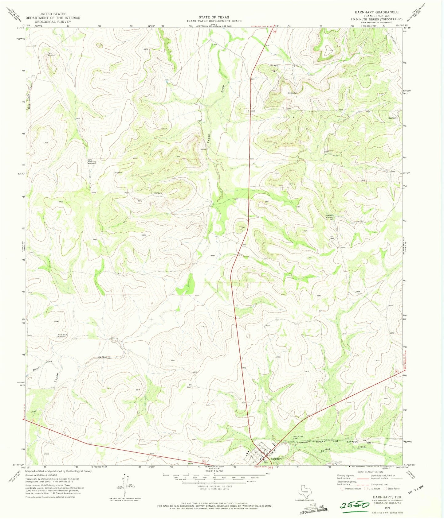 Classic USGS Barnhart Texas 7.5'x7.5' Topo Map Image