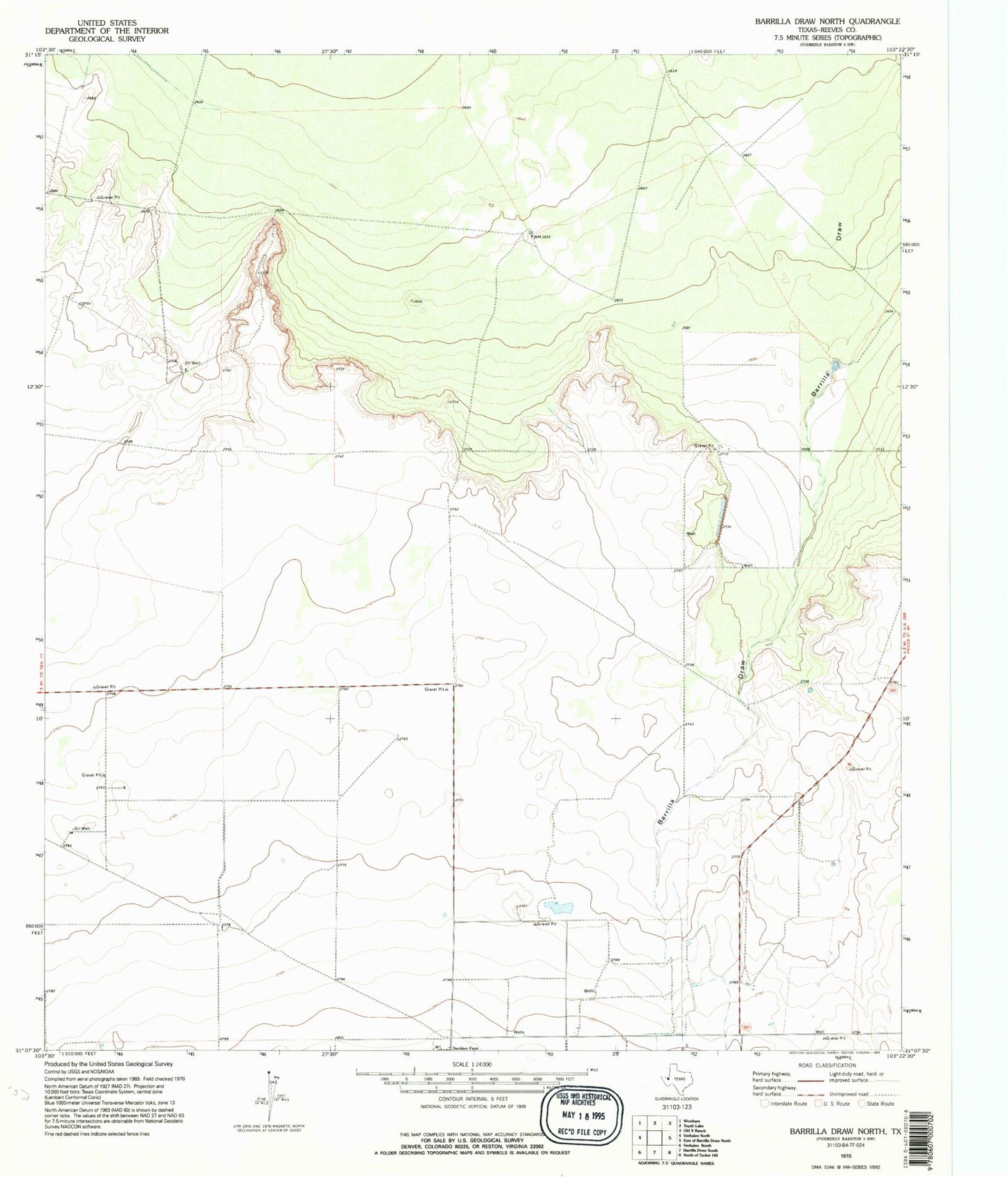 Classic USGS Barrilla Draw North Texas 7.5'x7.5' Topo Map Image