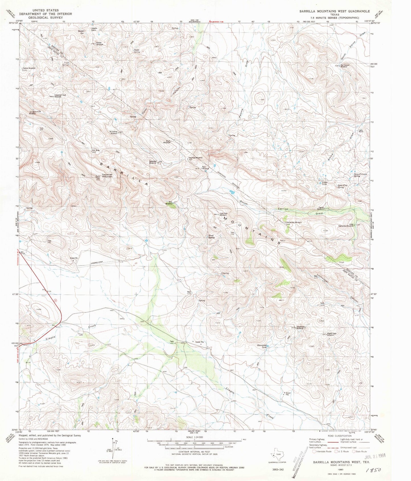 Classic USGS Barrilla Mountains West Texas 7.5'x7.5' Topo Map Image