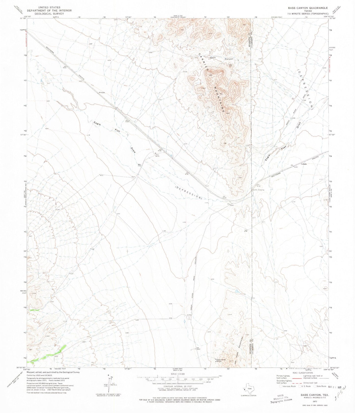 Classic USGS Bass Canyon Texas 7.5'x7.5' Topo Map Image