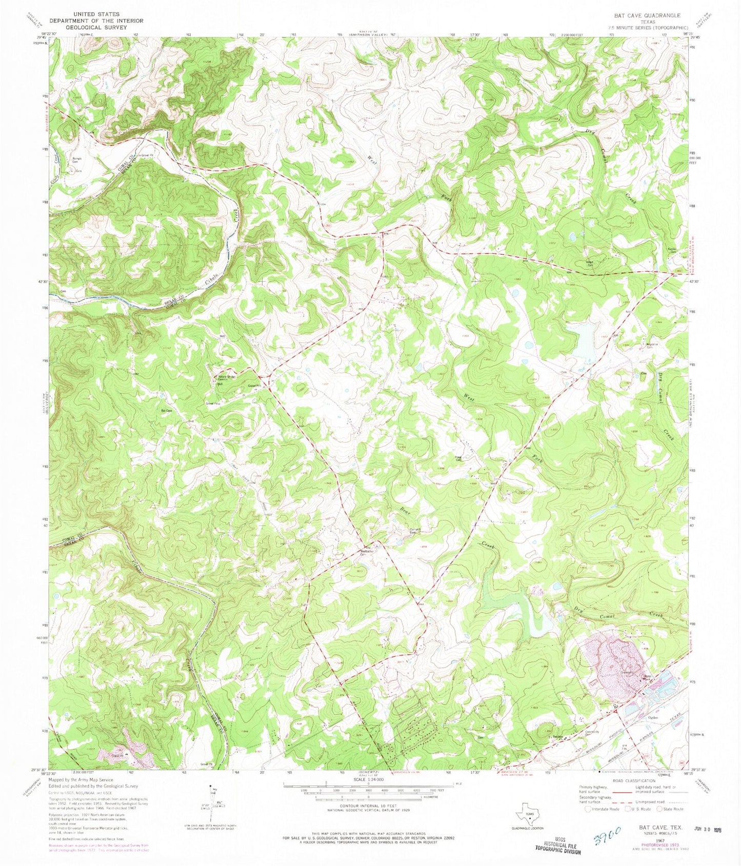 Classic USGS Bat Cave Texas 7.5'x7.5' Topo Map Image