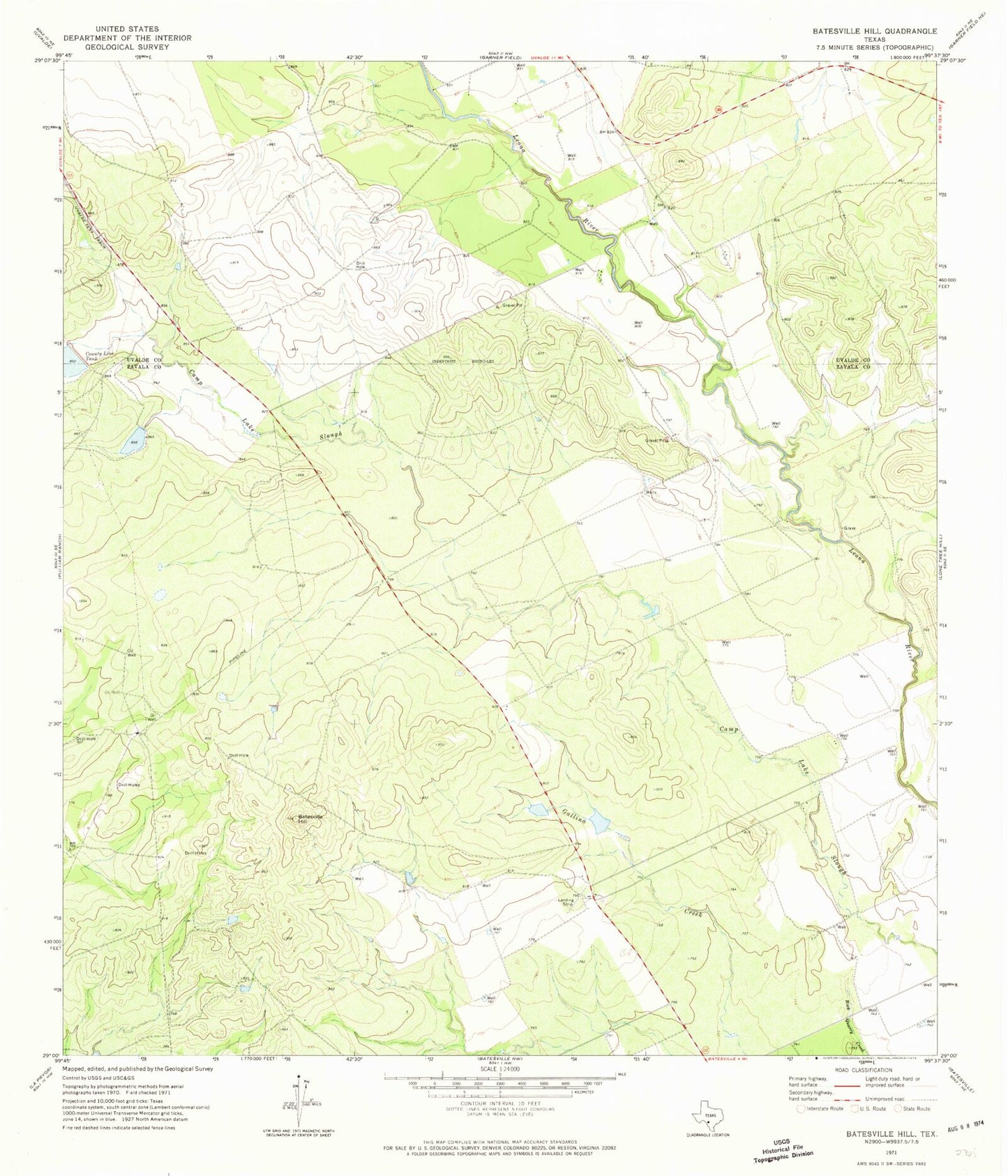 Classic USGS Batesville Hill Texas 7.5'x7.5' Topo Map Image