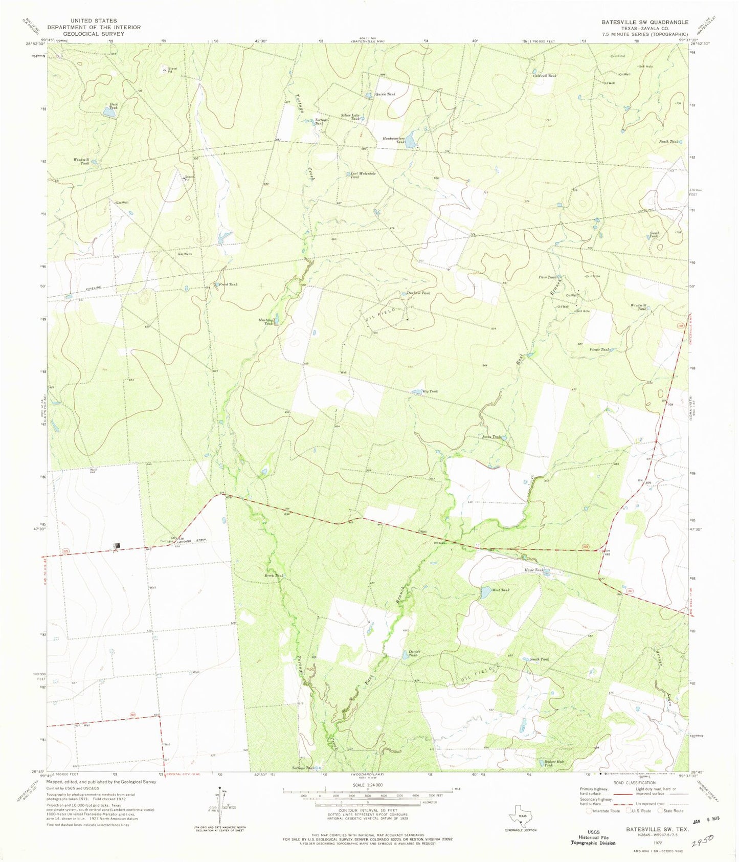 Classic USGS Batesville SW Texas 7.5'x7.5' Topo Map Image