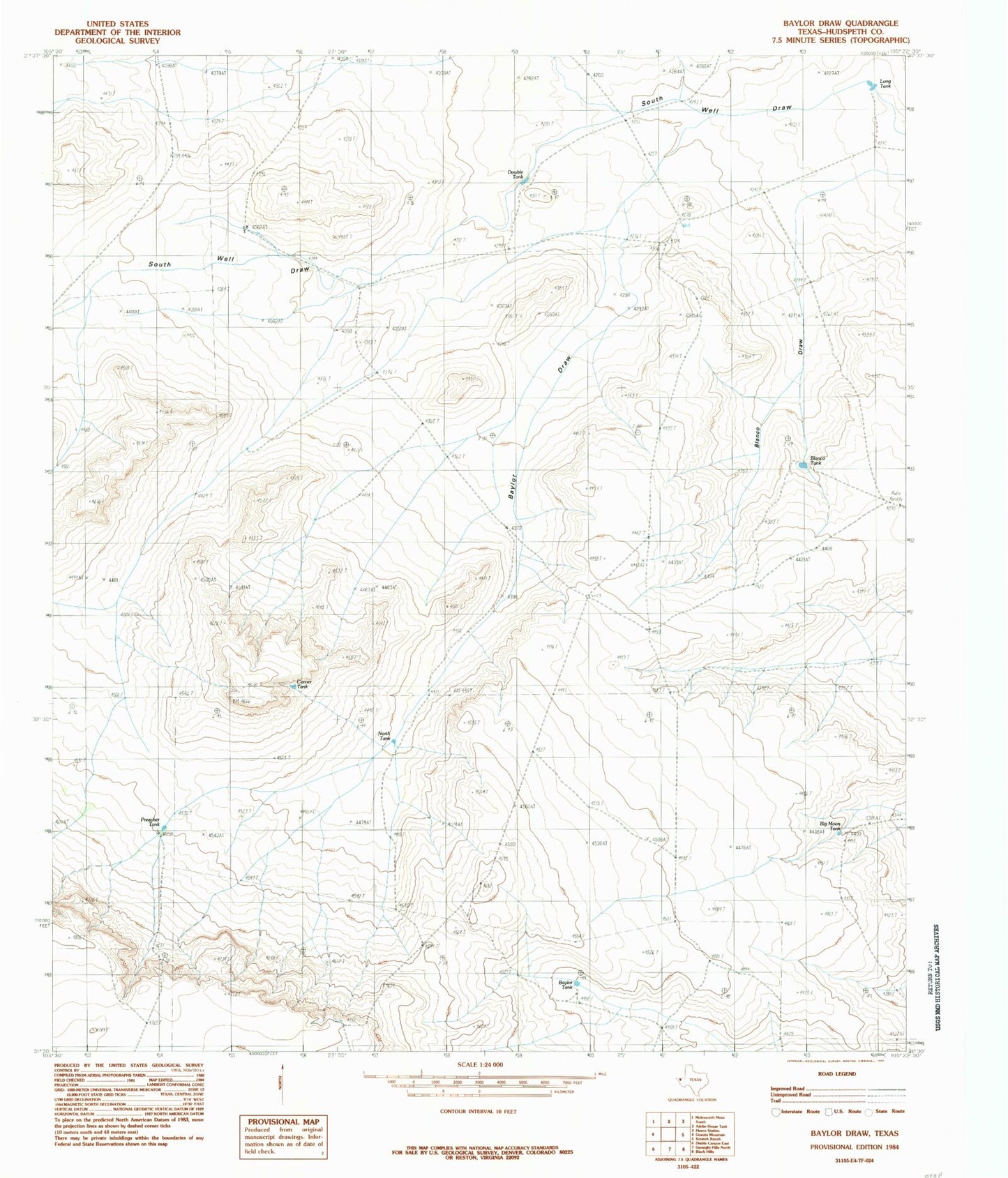 Classic USGS Baylor Draw Texas 7.5'x7.5' Topo Map Image
