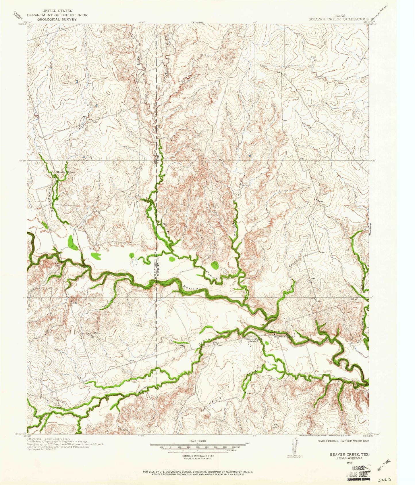 Classic USGS Beaver Creek Texas 7.5'x7.5' Topo Map Image