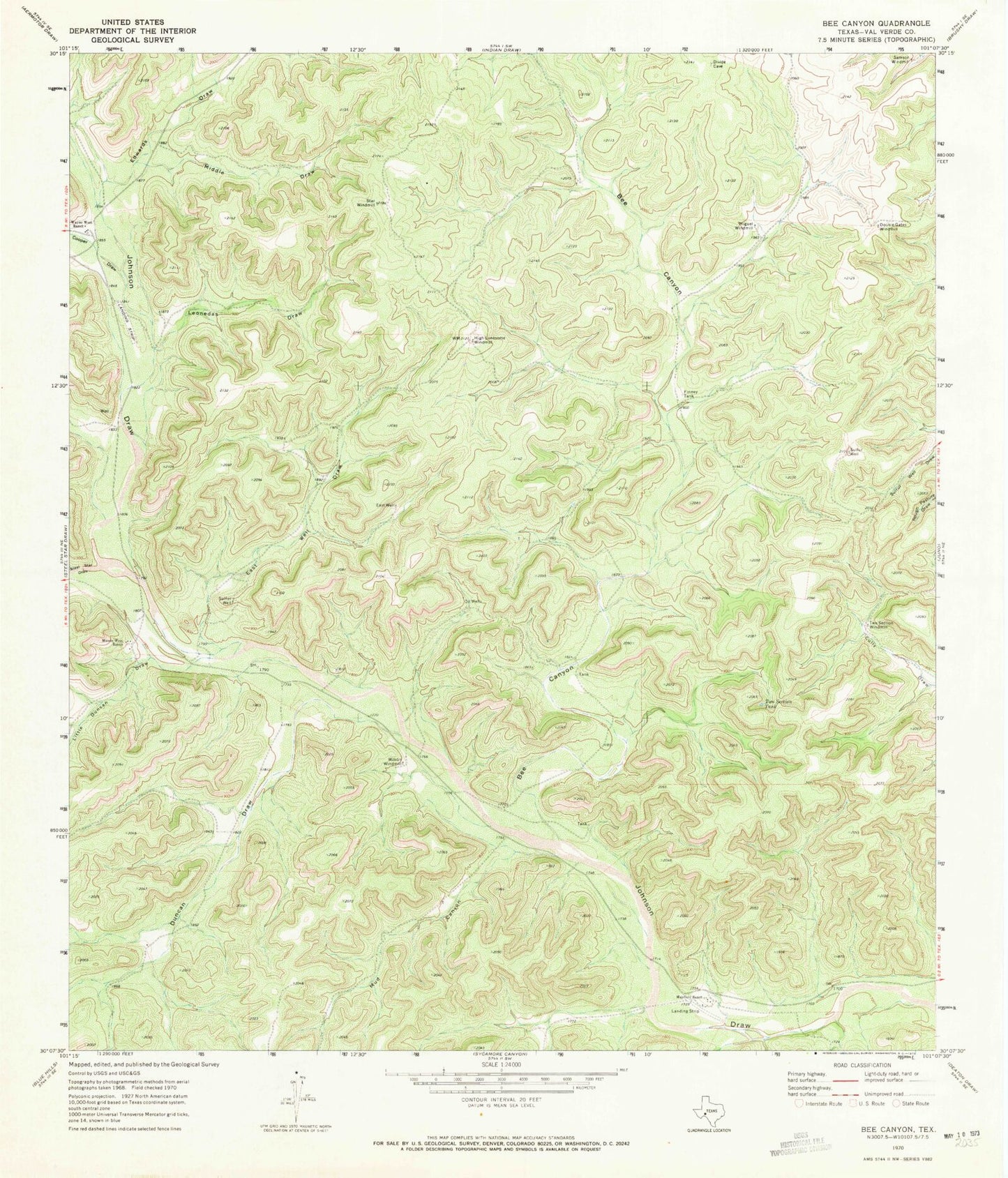 Classic USGS Bee Canyon Texas 7.5'x7.5' Topo Map Image