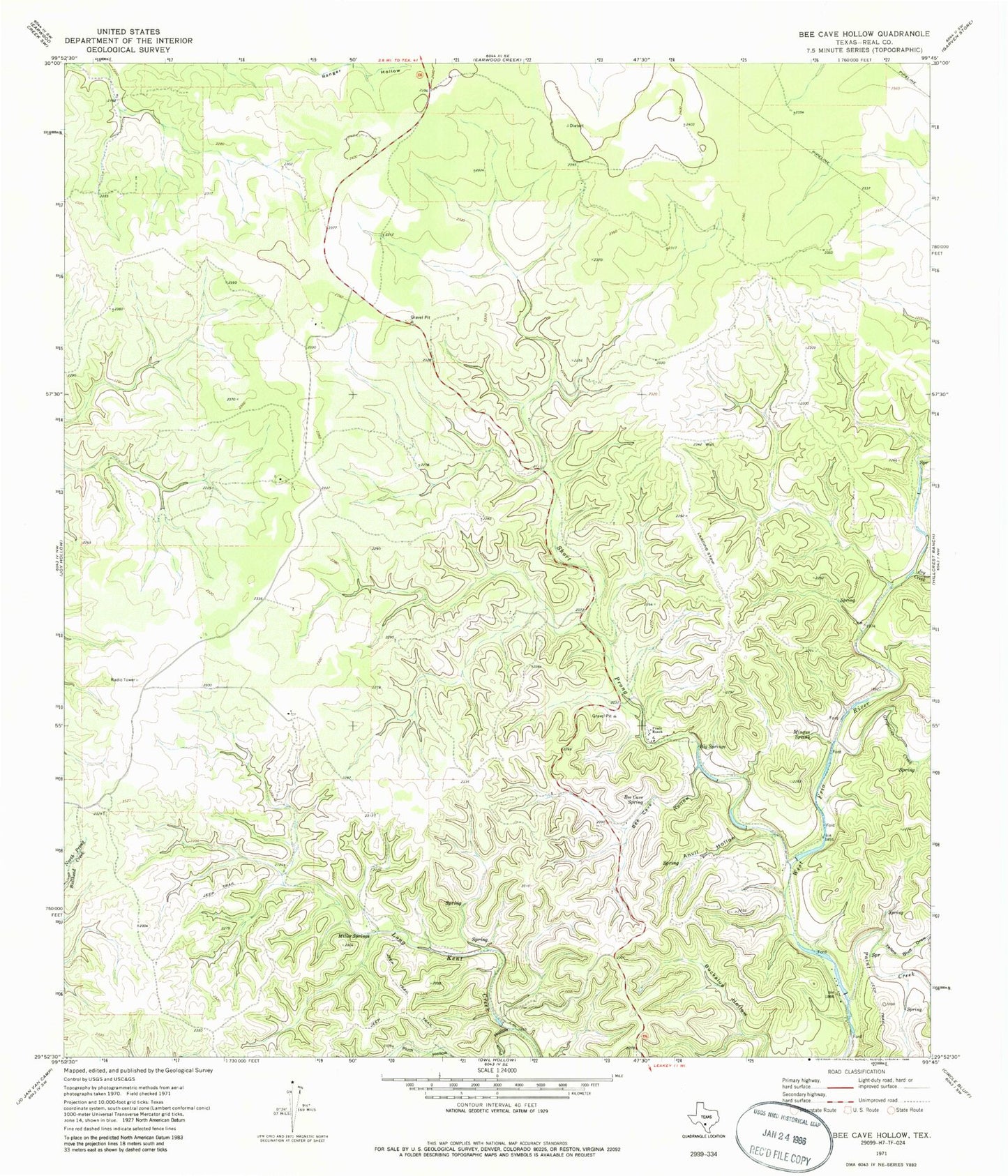 Classic USGS Bee Cave Hollow Texas 7.5'x7.5' Topo Map Image