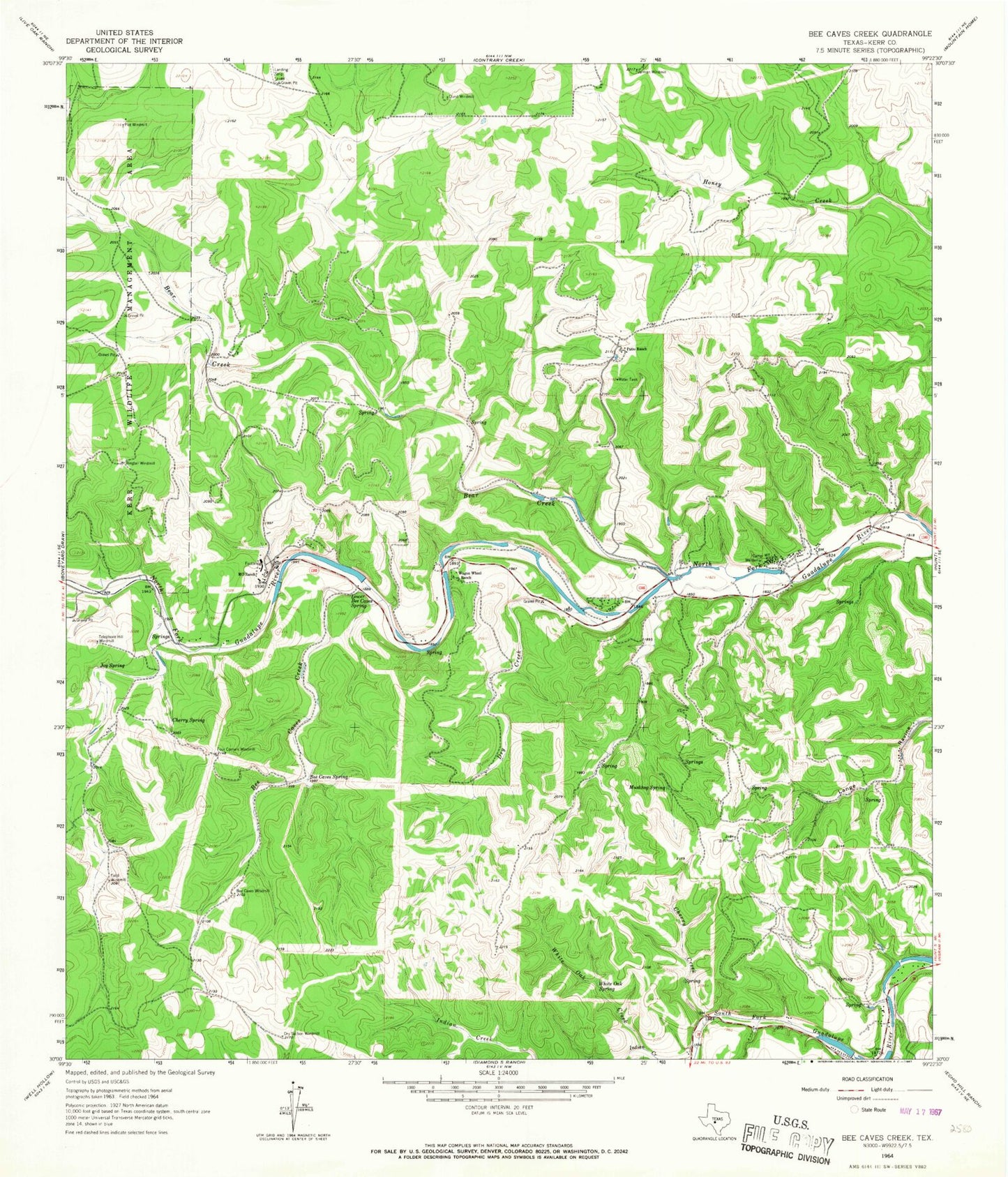 Classic USGS Bee Caves Creek Texas 7.5'x7.5' Topo Map Image