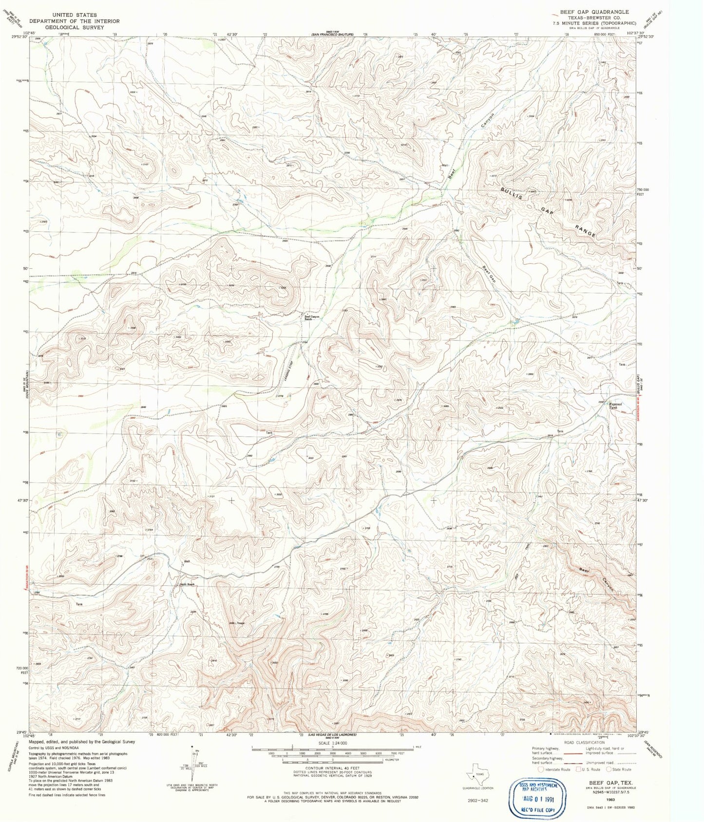 Classic USGS Beef Gap Texas 7.5'x7.5' Topo Map Image