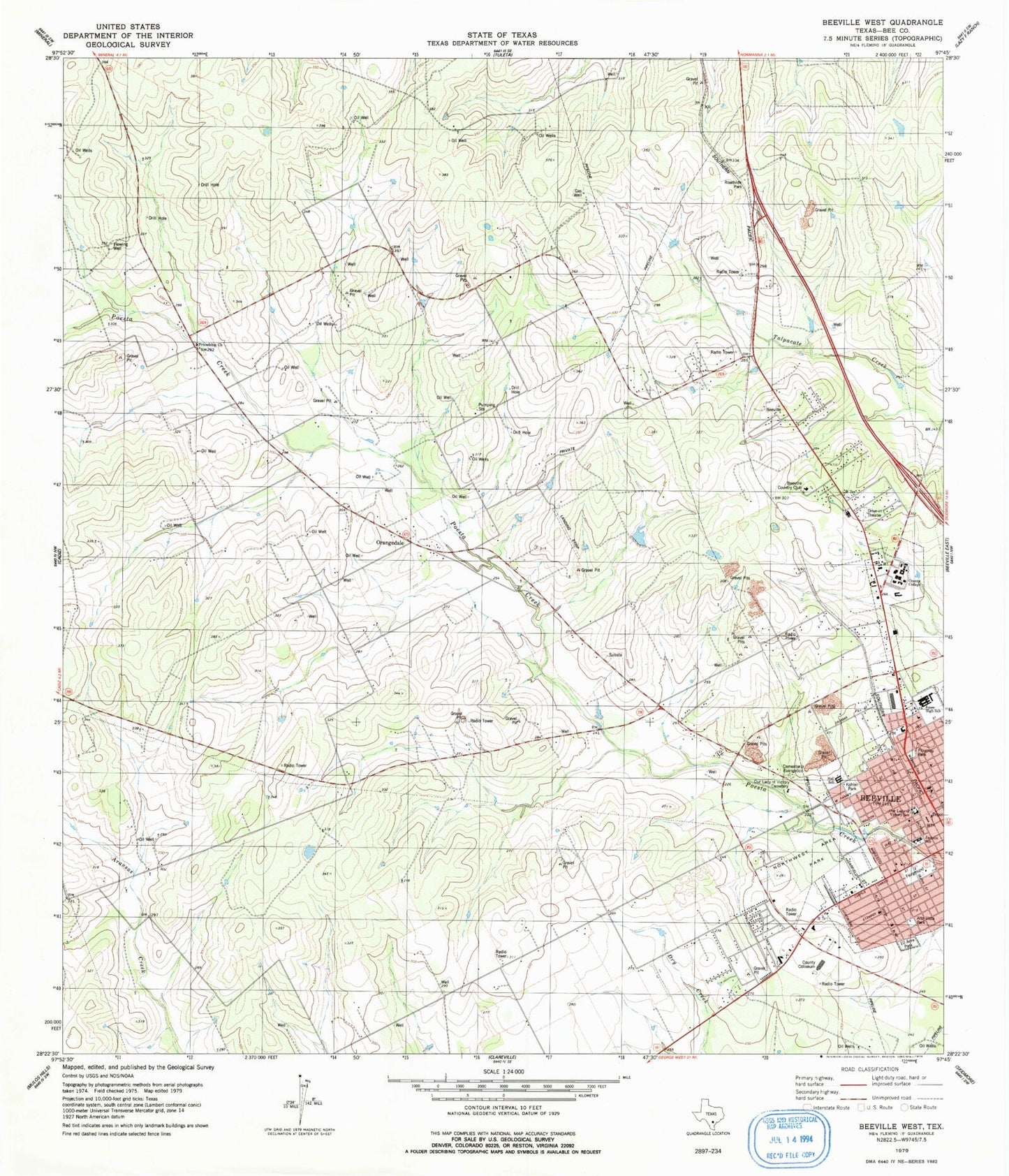 Classic USGS Beeville West Texas 7.5'x7.5' Topo Map Image
