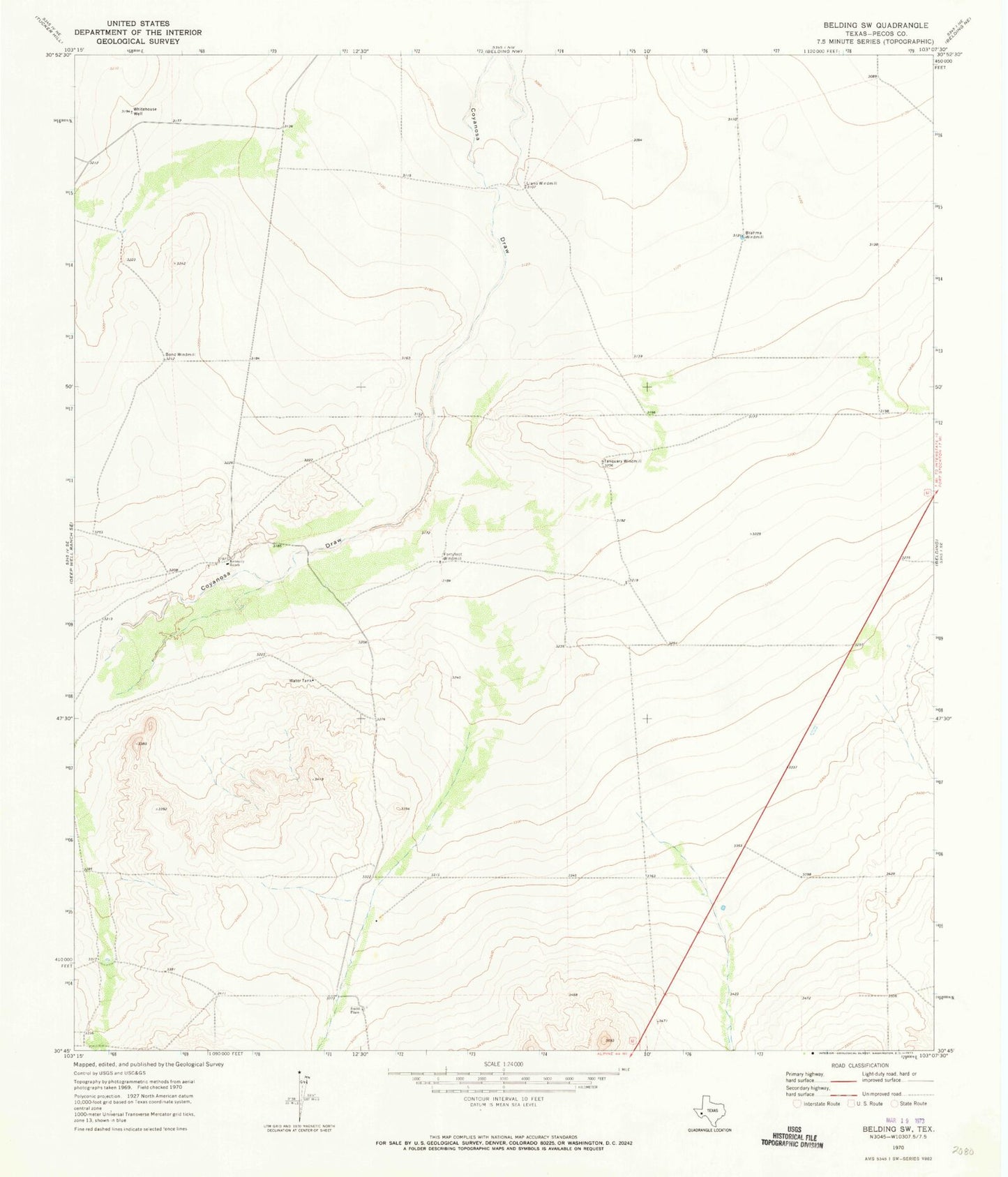 Classic USGS Belding SW Texas 7.5'x7.5' Topo Map Image