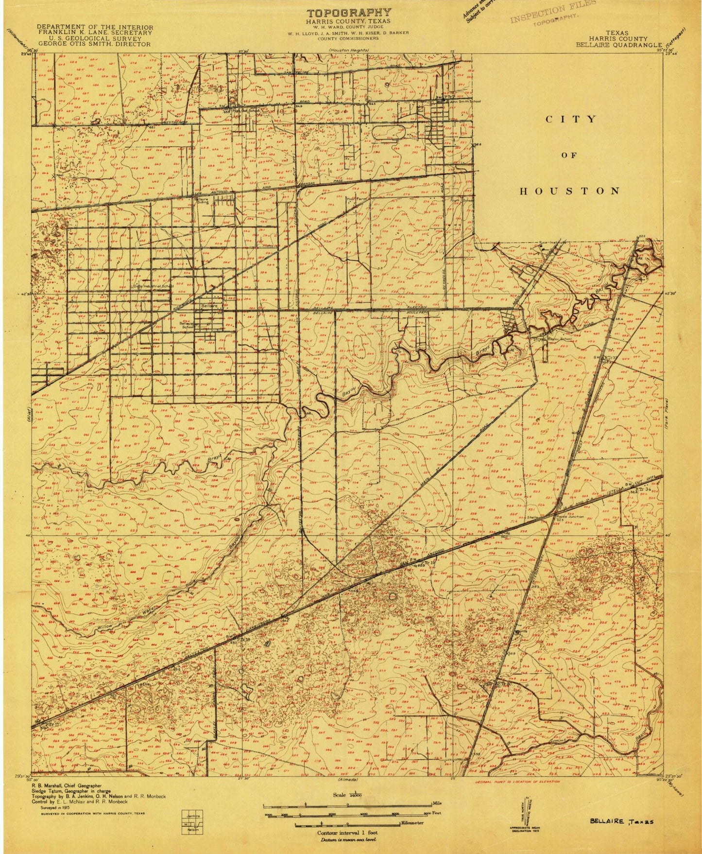 Classic USGS Bellaire Texas 7.5'x7.5' Topo Map Image
