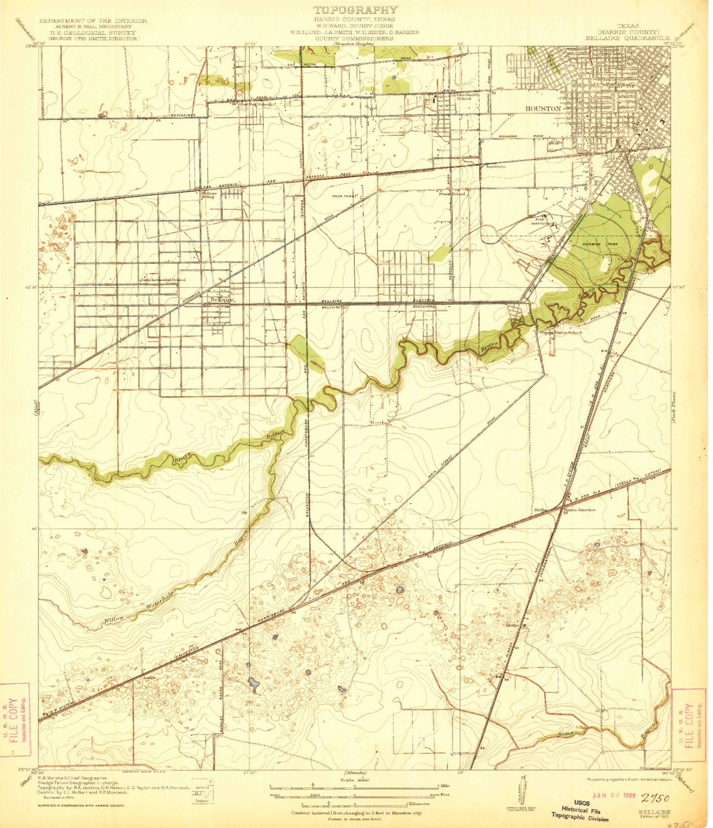 Classic USGS Bellaire Texas 7.5'x7.5' Topo Map Image