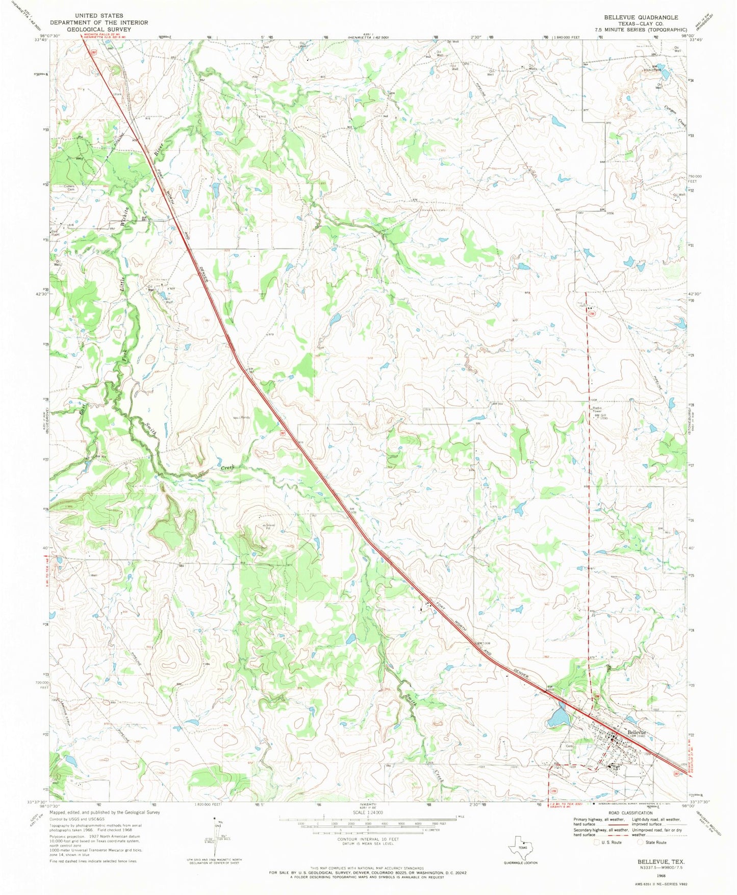 Classic USGS Bellevue Texas 7.5'x7.5' Topo Map Image