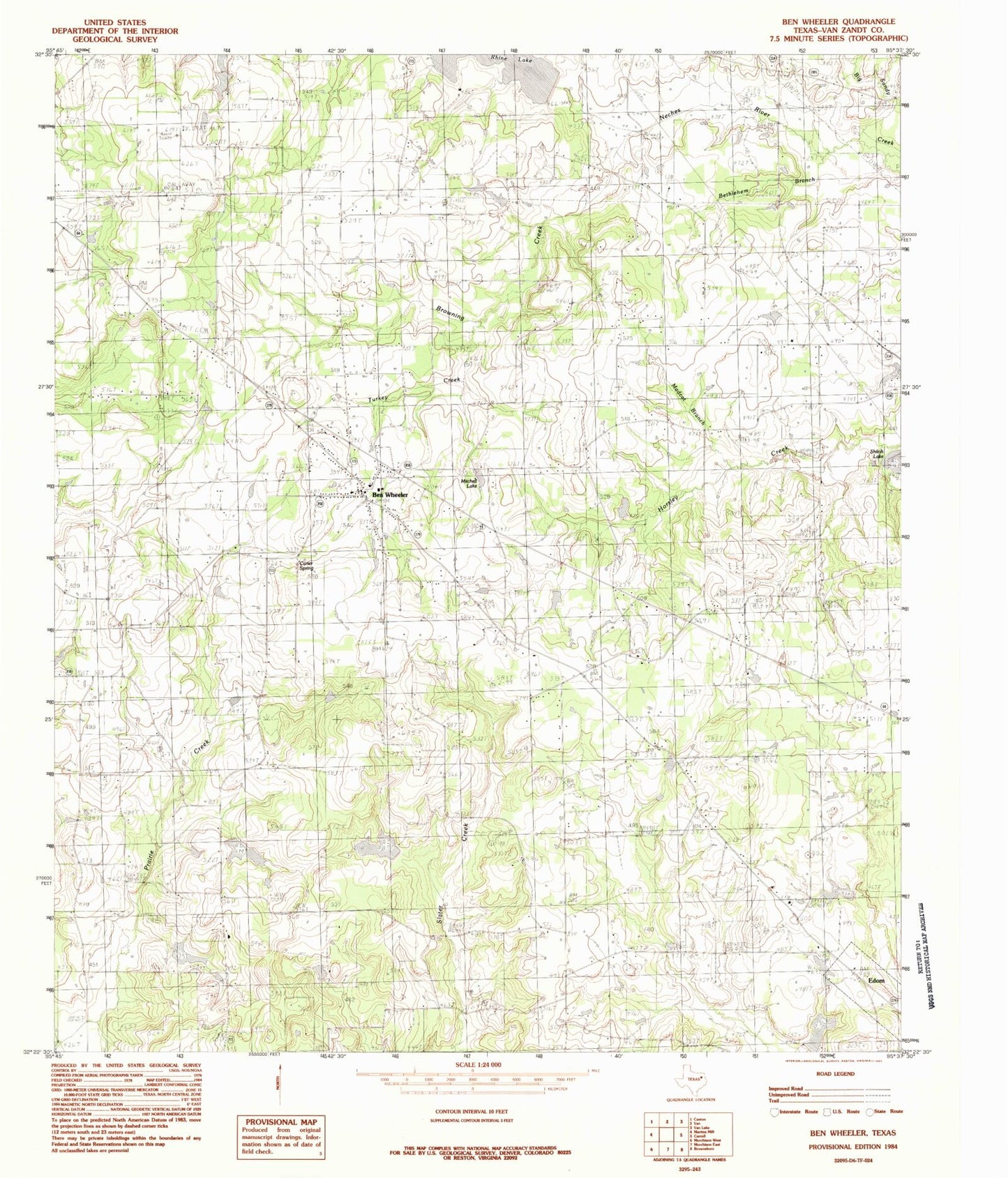 Classic USGS Ben Wheeler Texas 7.5'x7.5' Topo Map Image