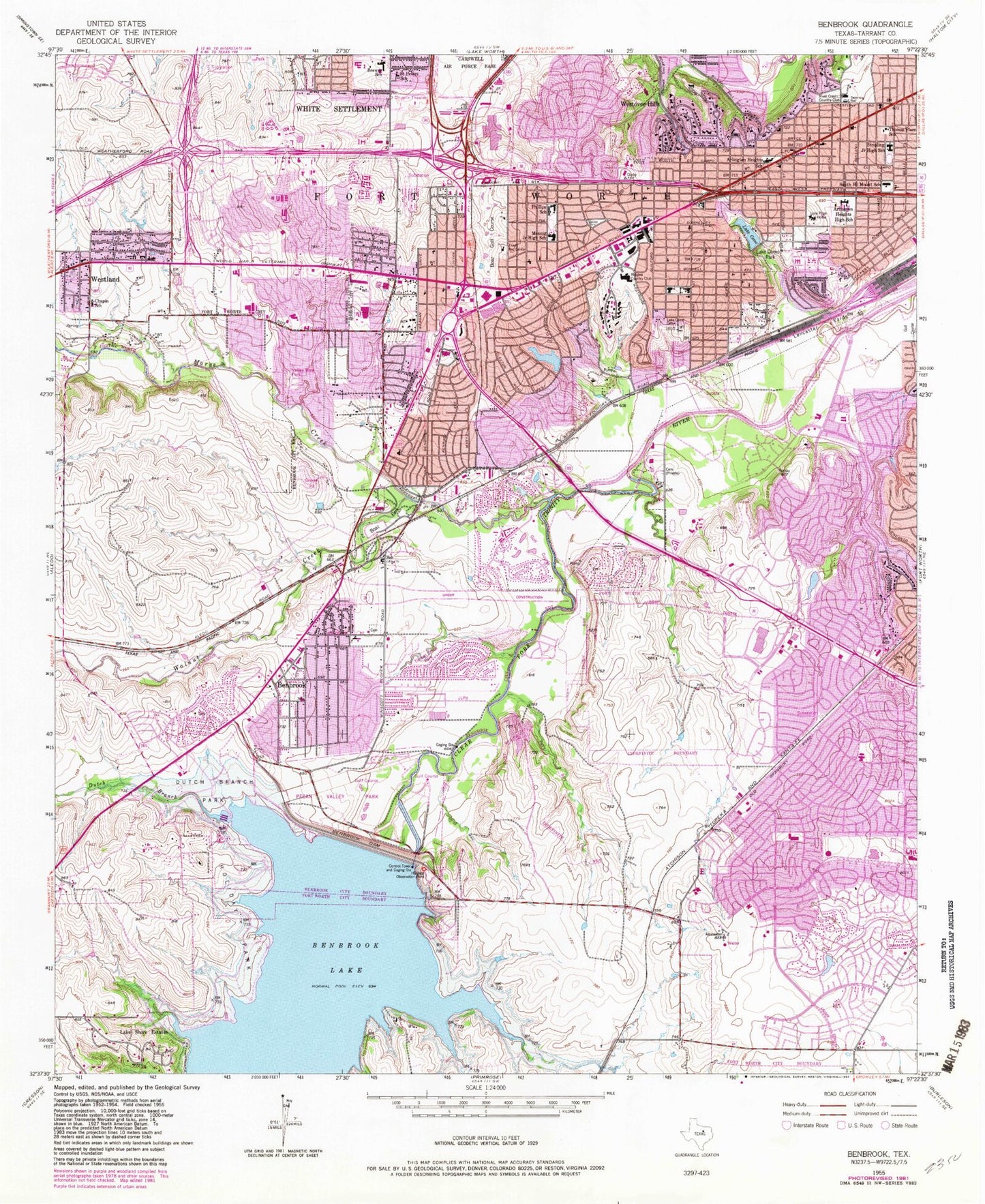 Classic USGS Benbrook Texas 7.5'x7.5' Topo Map Image
