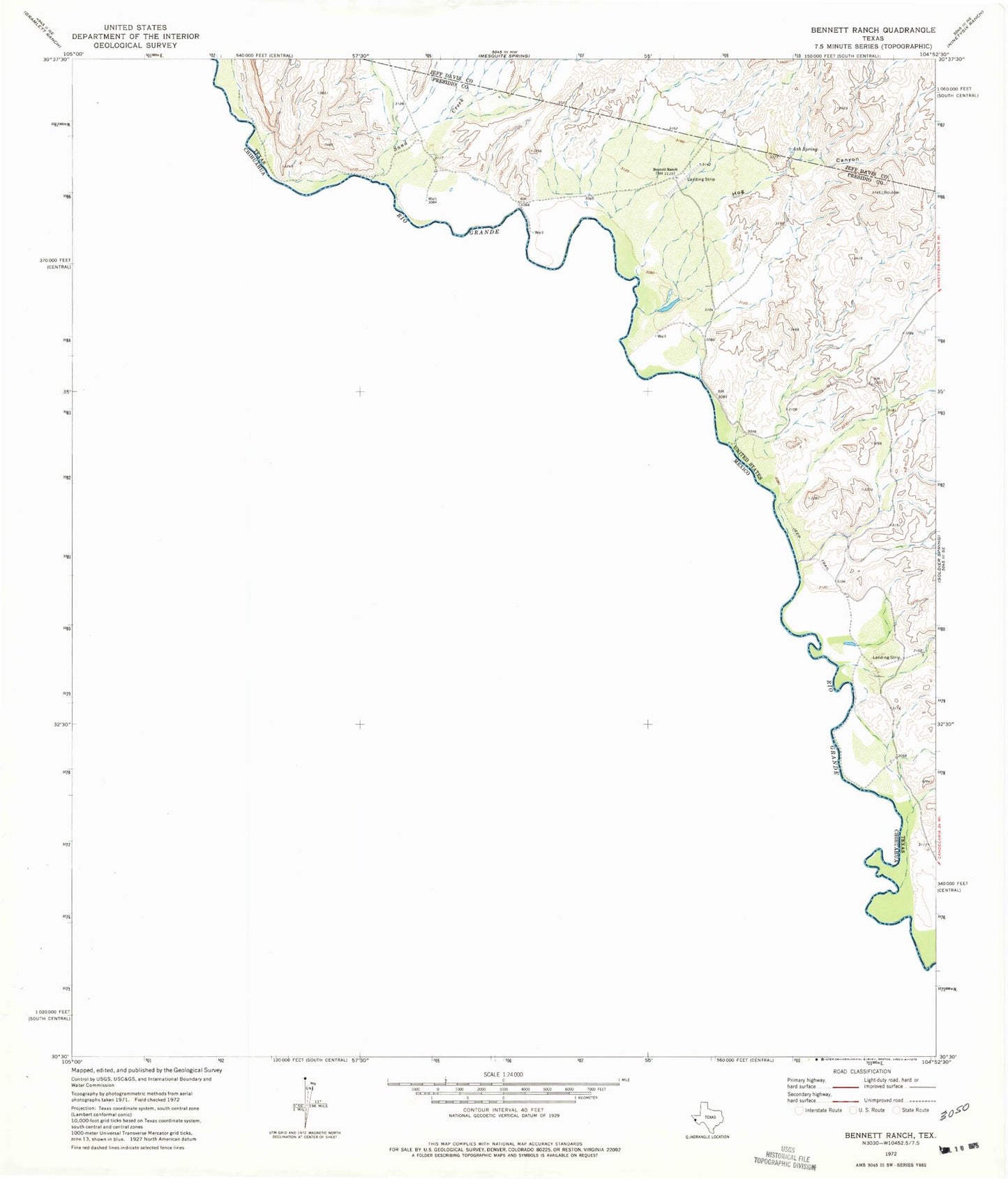 Classic USGS Bennett Ranch Texas 7.5'x7.5' Topo Map Image