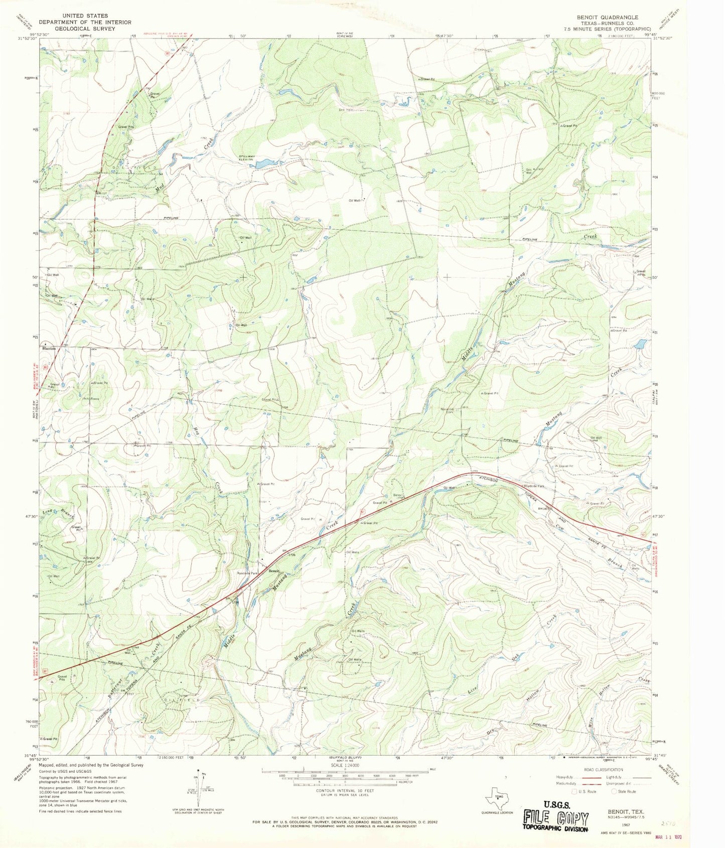 Classic USGS Benoit Texas 7.5'x7.5' Topo Map Image