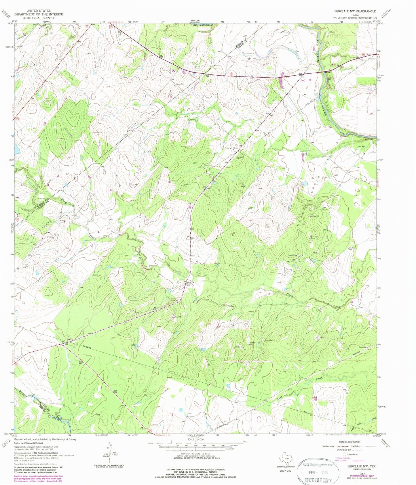 Classic USGS Berclair NW Texas 7.5'x7.5' Topo Map Image